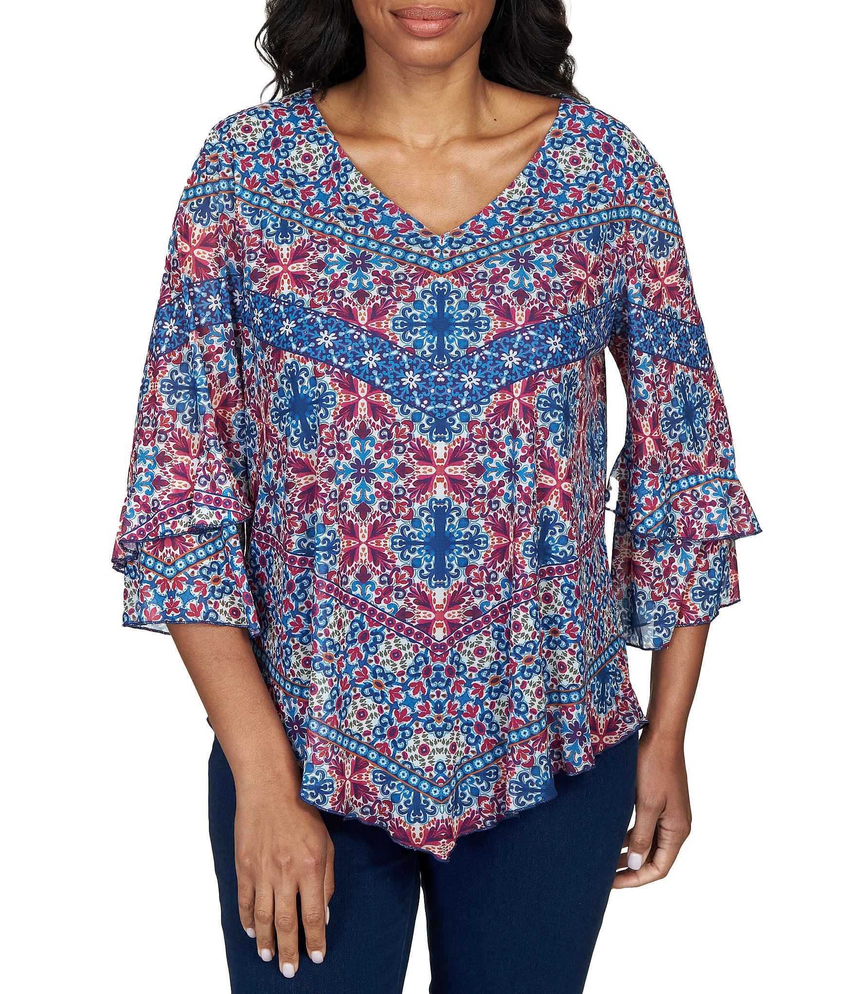 Ruby Rd. Chevron Geo Print Mesh V-Neck 3/4 Bell Sleeve Shirt | Dillard's