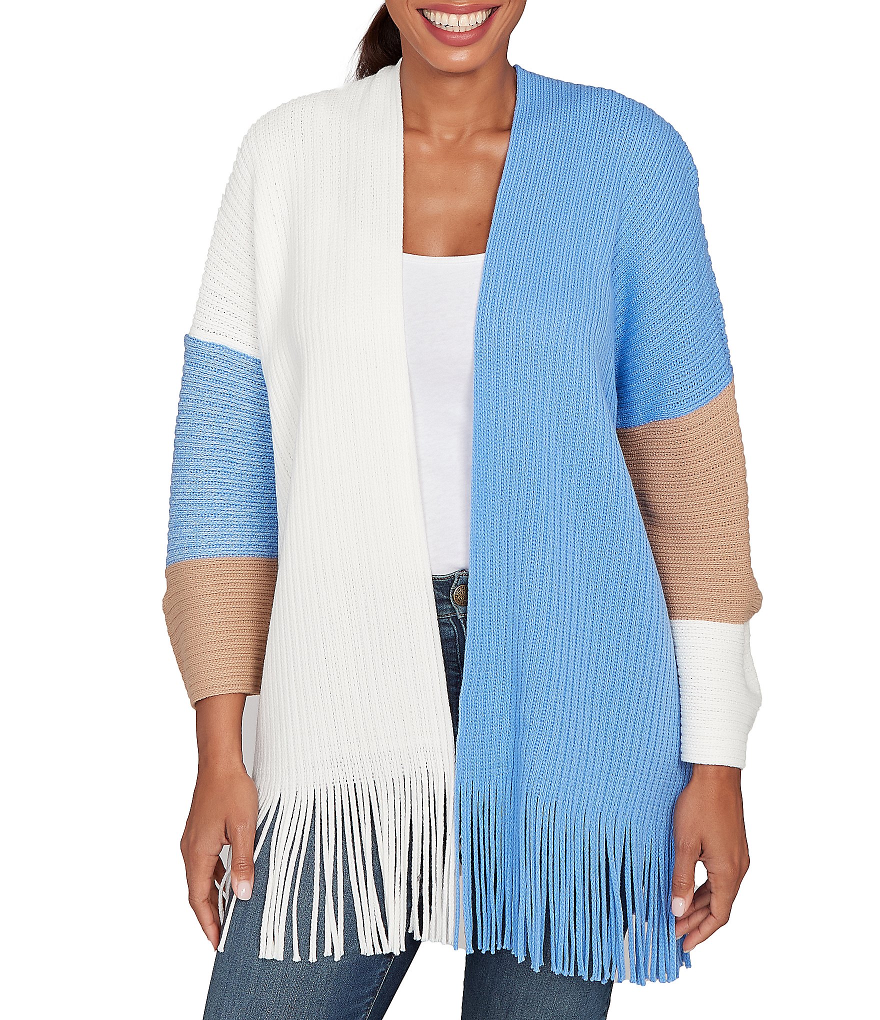 Ruby Rd. Colorblock Long Sleeve Fringe Hem Open-Front Cardigan Sweater