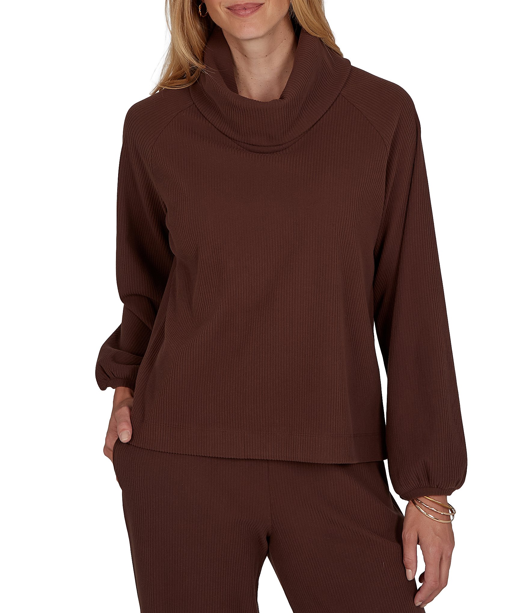 Ruby Rd. Coordinating Premium Ribbed Knit Cowl Neck Long Bubble Sleeve Top