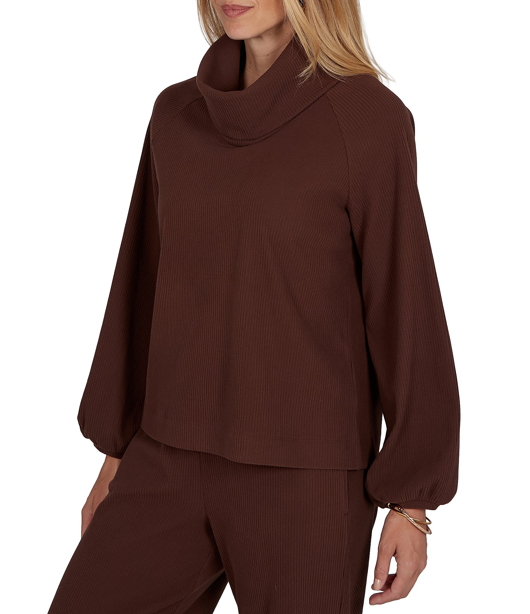 Ruby Rd. Coordinating Premium Ribbed Knit Cowl Neck Long Bubble Sleeve Top