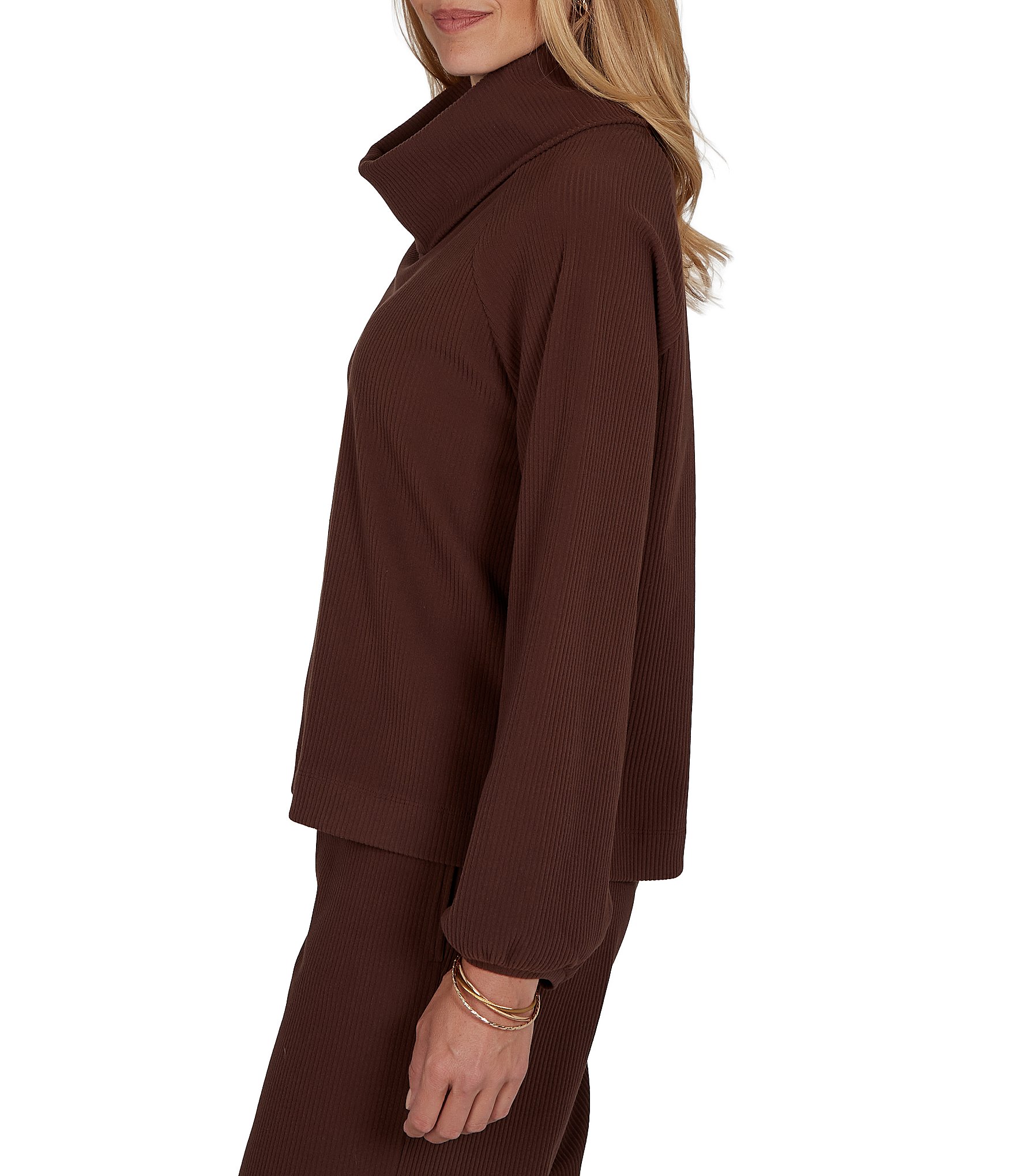 Ruby Rd. Coordinating Premium Ribbed Knit Cowl Neck Long Bubble Sleeve Top