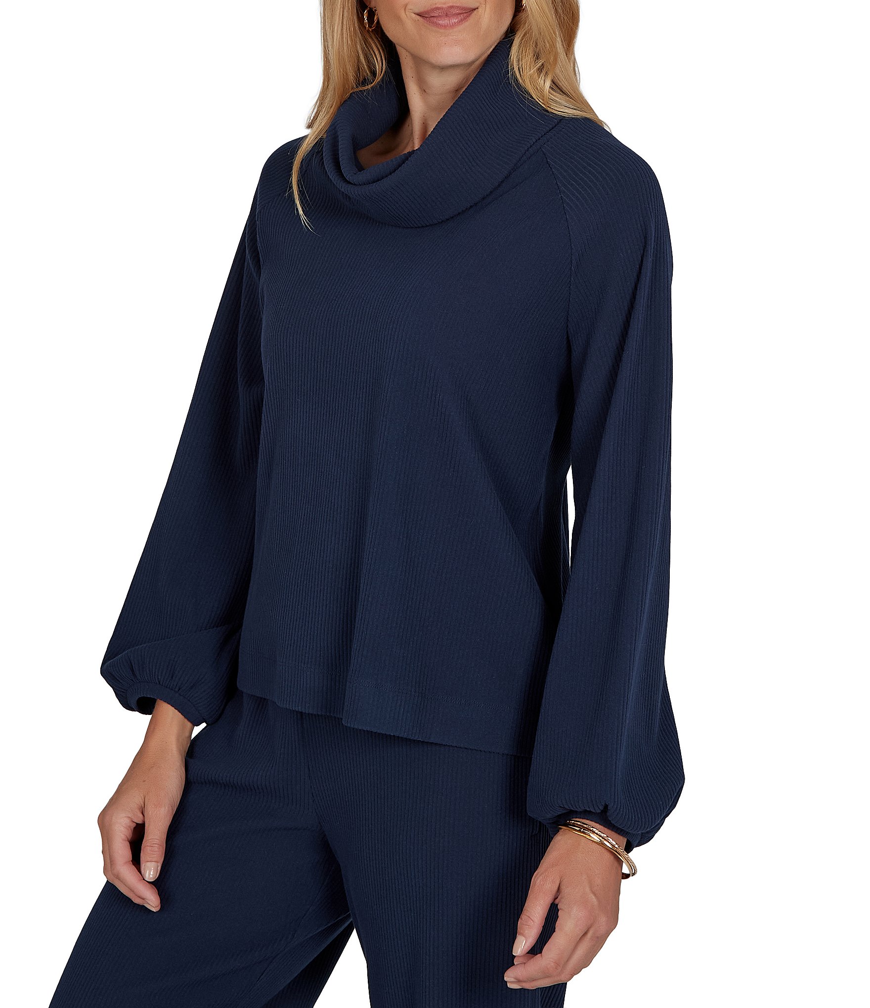 Ruby Rd. Coordinating Premium Ribbed Knit Cowl Neck Long Bubble Sleeve Top