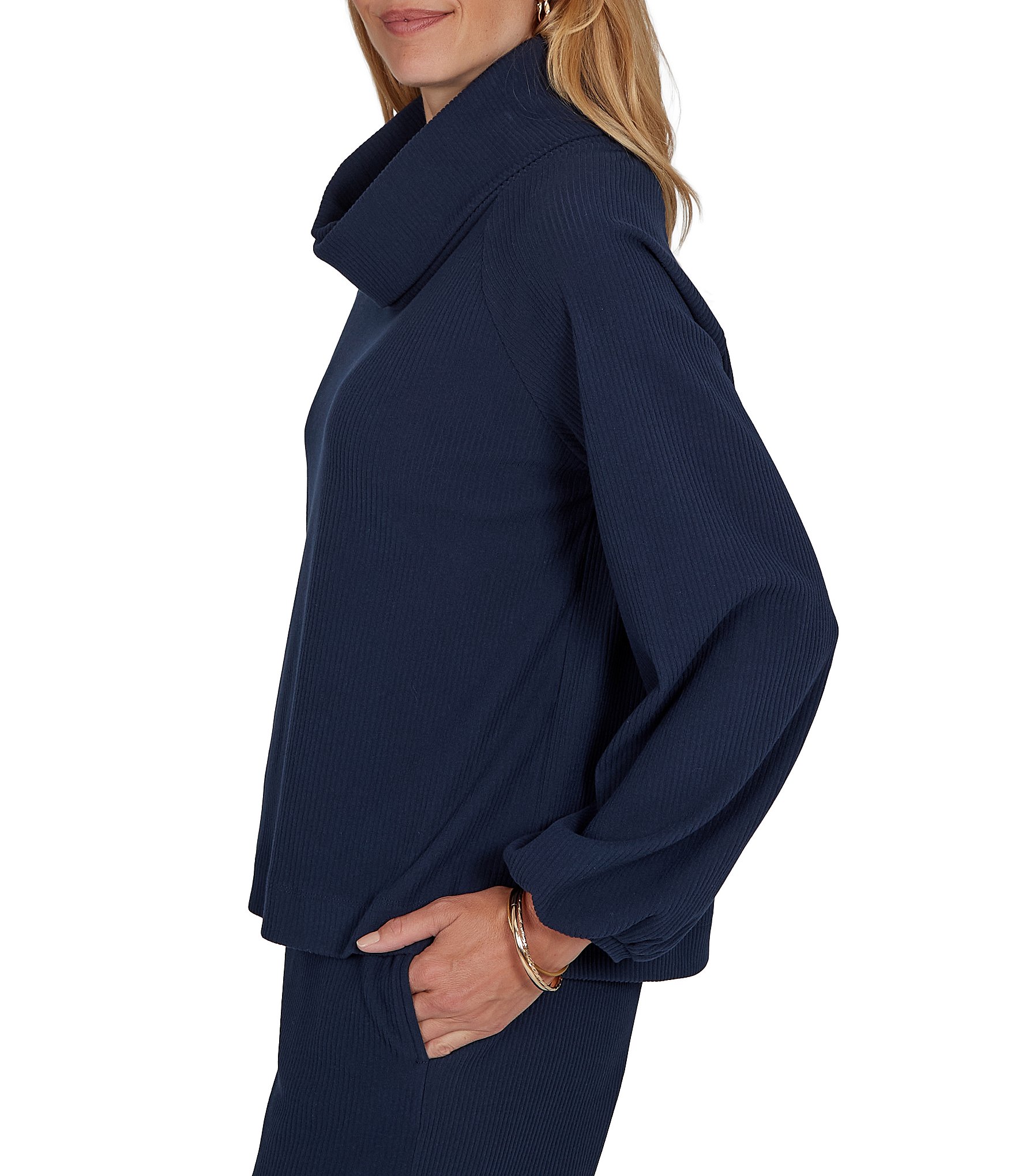 Ruby Rd. Coordinating Premium Ribbed Knit Cowl Neck Long Bubble Sleeve Top