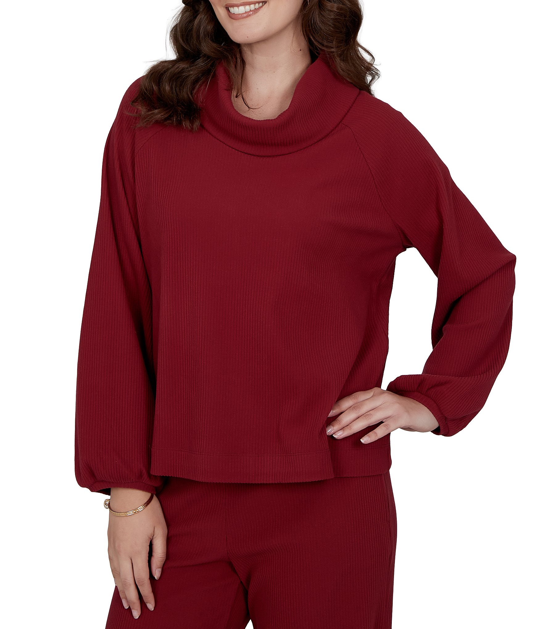 Ruby Rd. Coordinating Premium Ribbed Knit Cowl Neck Long Bubble Sleeve Top