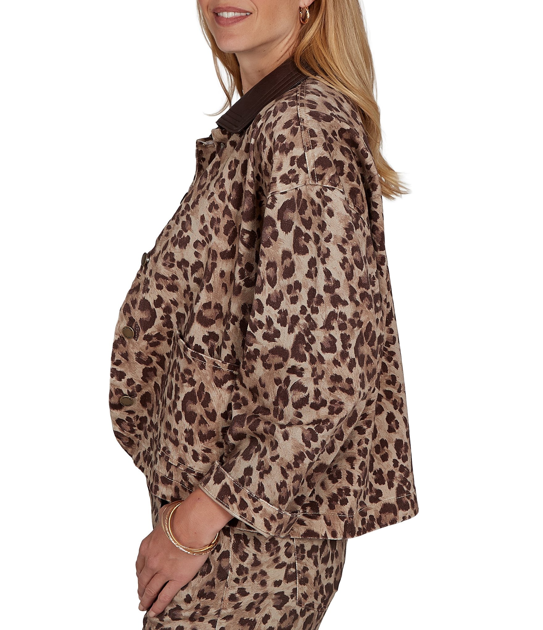 Ruby Rd. Coordinating Stretch Denim Cheetah Print Faux Leather Trim Collar Denim Jacket