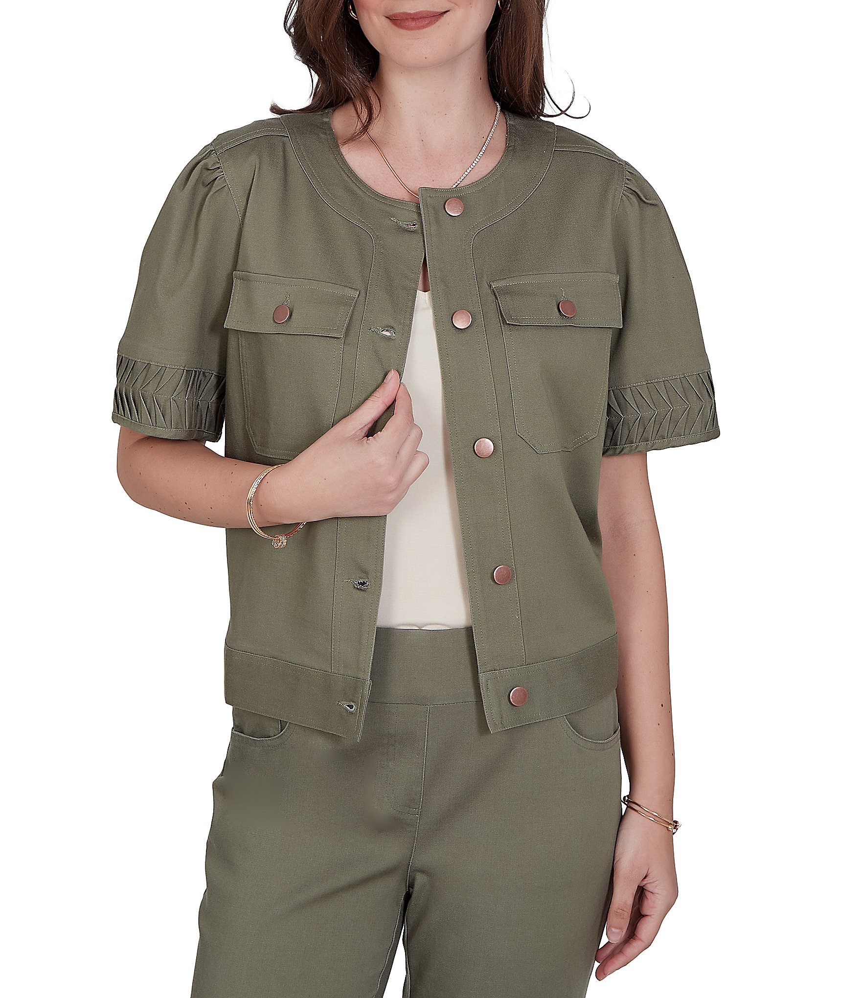 Ruby Rd. Coordinating Tencel Denim Crew Neck Short Sleeve Pleated Trim Utility Jacket