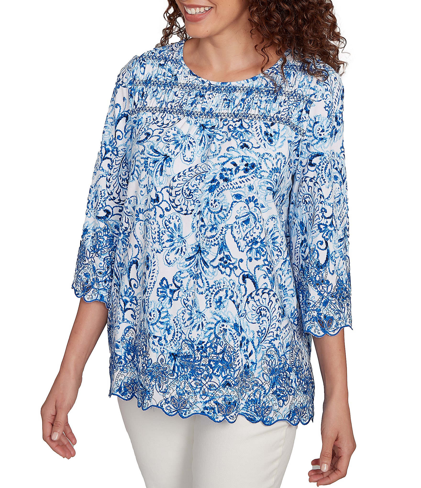 Ruby Rd. Cotton-Blend Embroidered Printed Scoop Neck 3/4 Sleeve Top