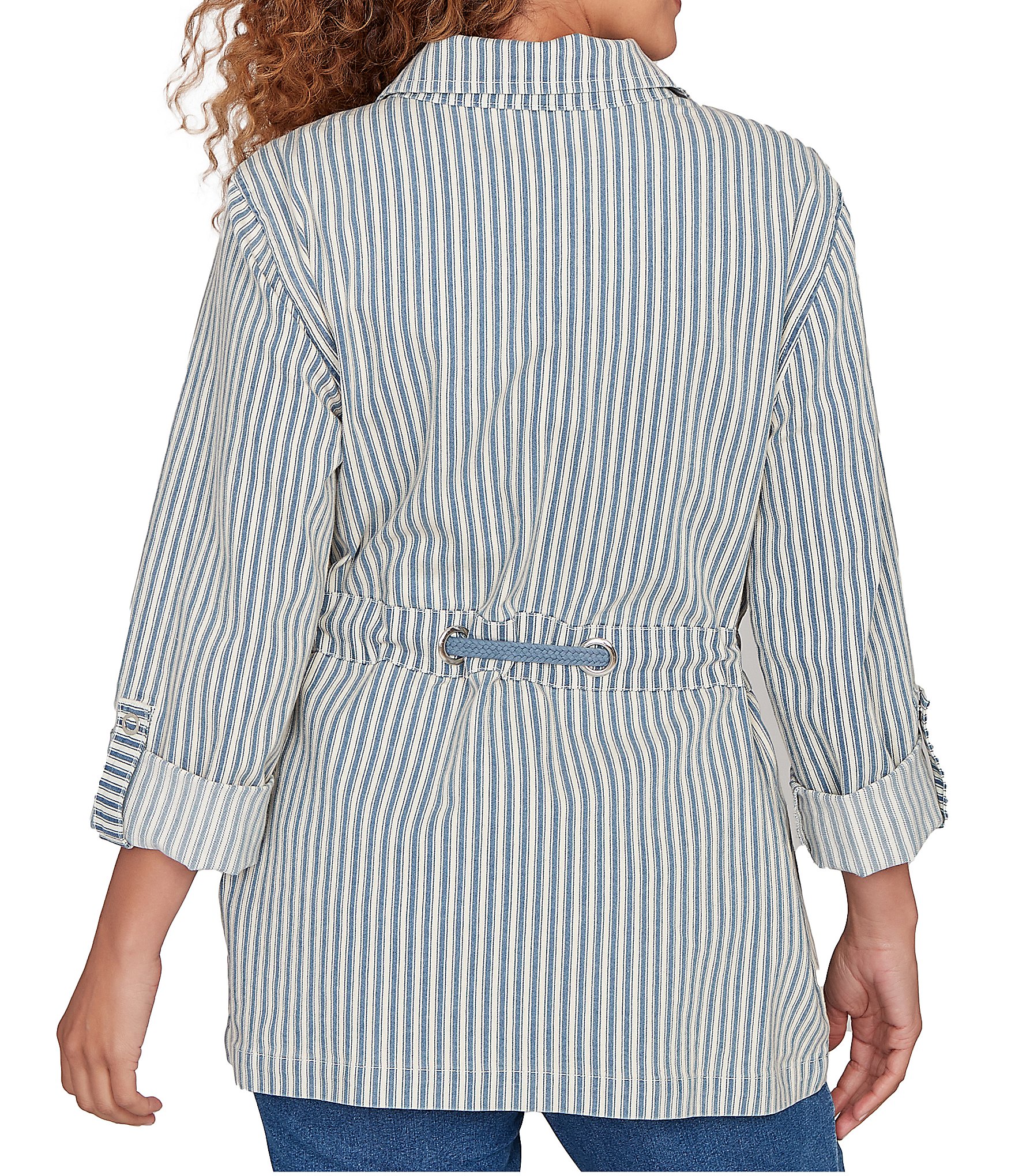 Ruby Rd. Cotton Blend Stripe Point Collar Long-Roll Tab Sleeve Anorak Jacket