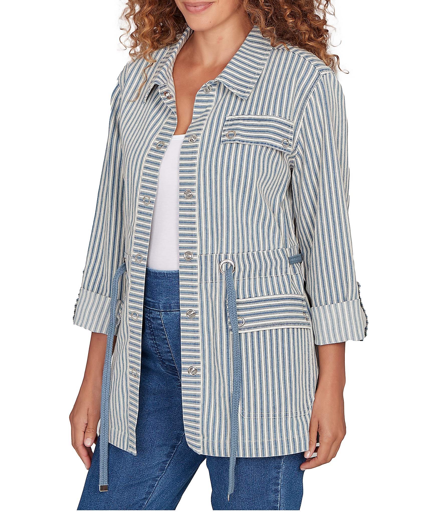 Ruby Rd. Cotton Blend Stripe Point Collar Long-Roll Tab Sleeve Anorak Jacket