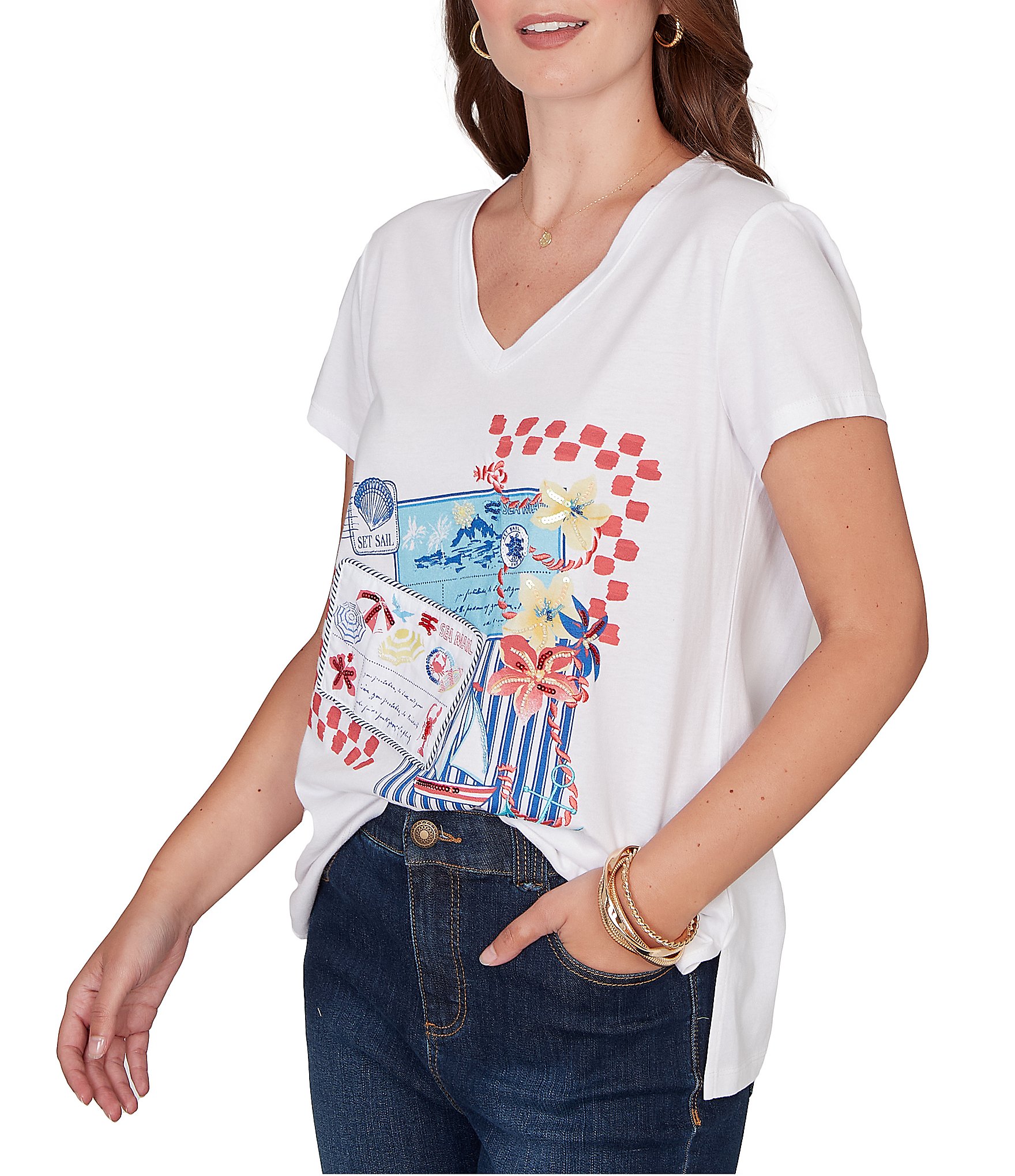 Ruby Rd. Cotton Jersey Knit Sequin Beaded Postcard Print V-Neck Short Sleeve Tee