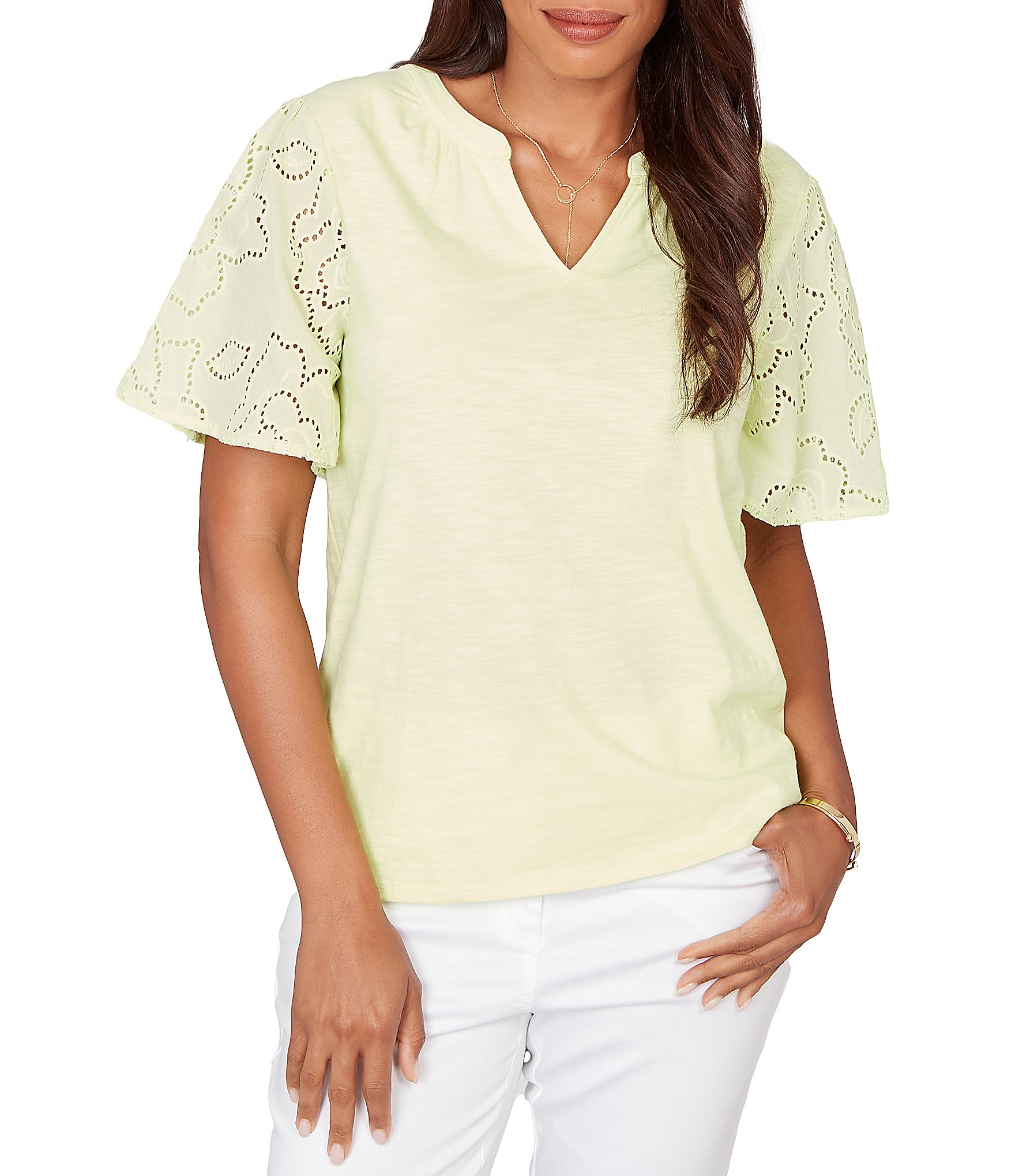 Ruby Rd. Cotton Jersey Knit Split V-Neck Short Eyelet Sleeve Top