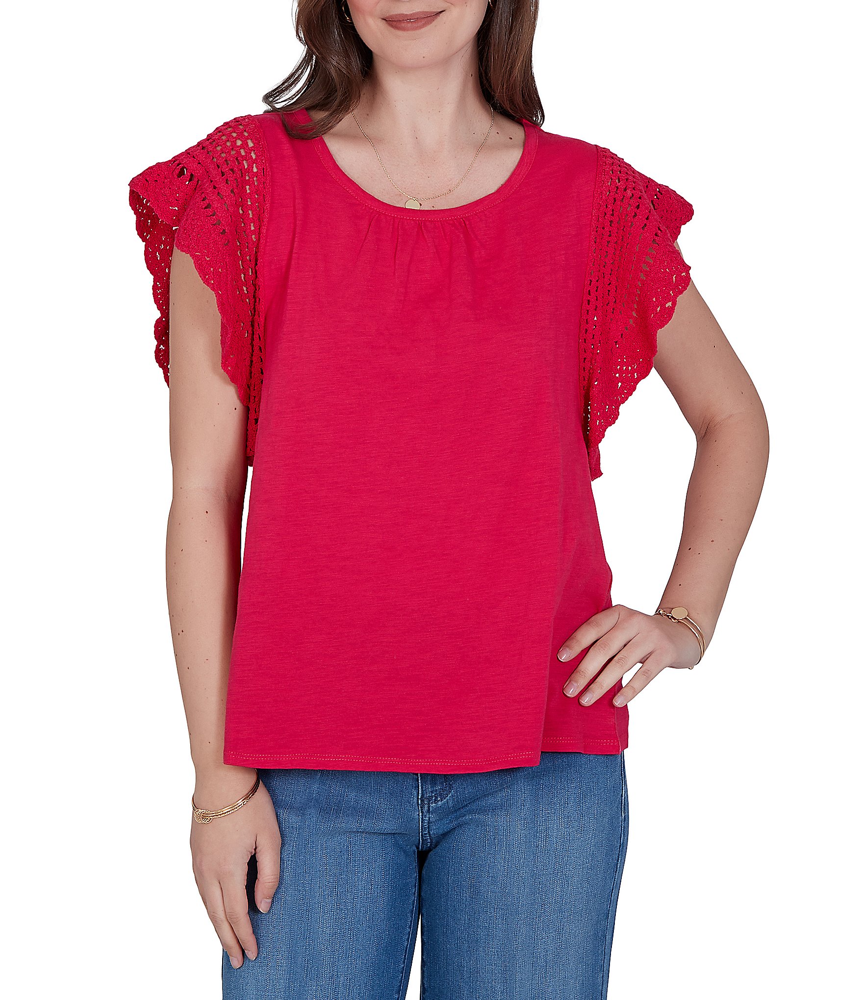 Ruby Rd. Cotton Slub Jersey Knit Solid Scoop Neck Crochet Trim Sleeve Top