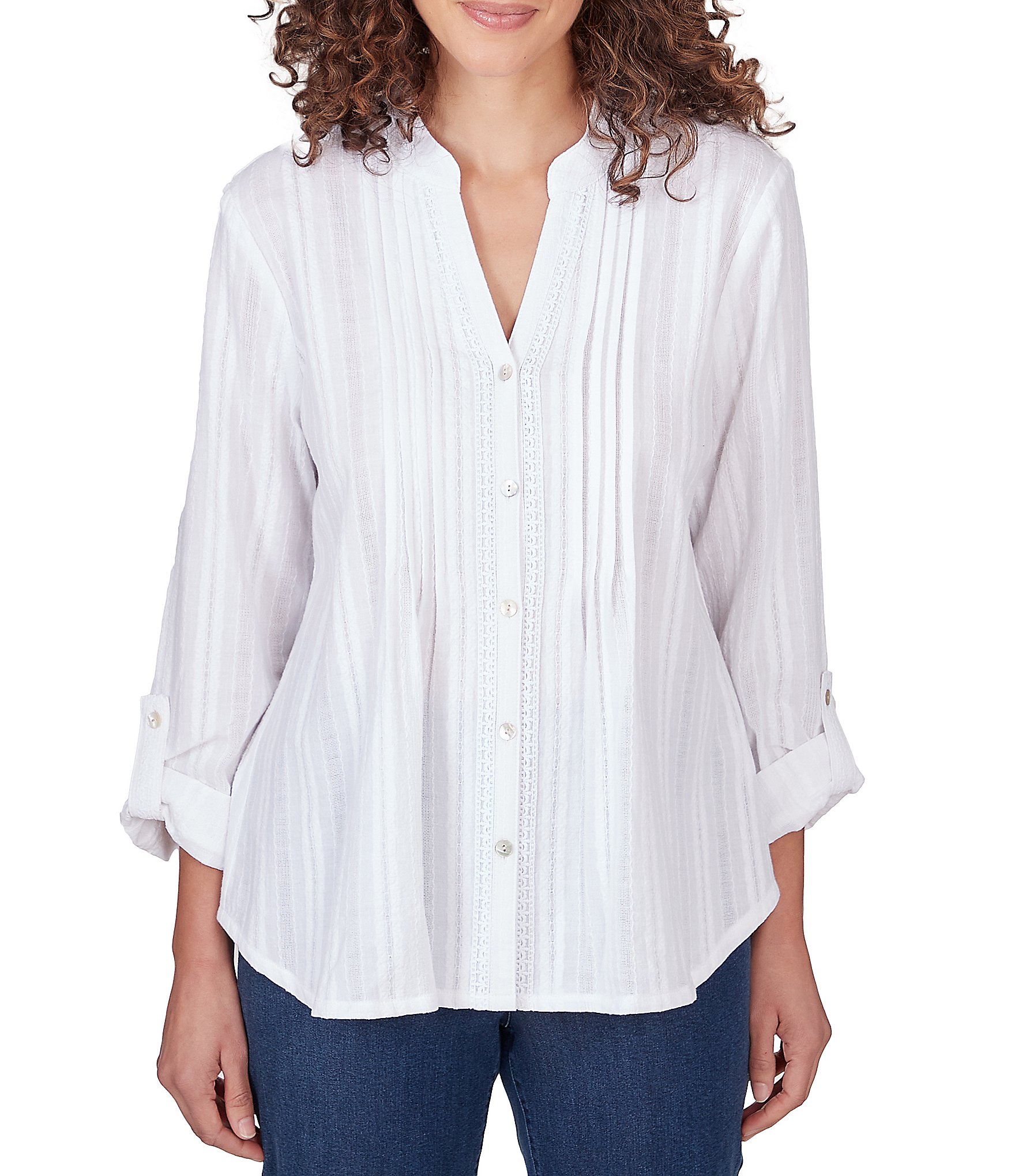 Ruby Rd. Cotton Split V-Neck Long Roll-Tab Sleeve Button-Front Dobby ...