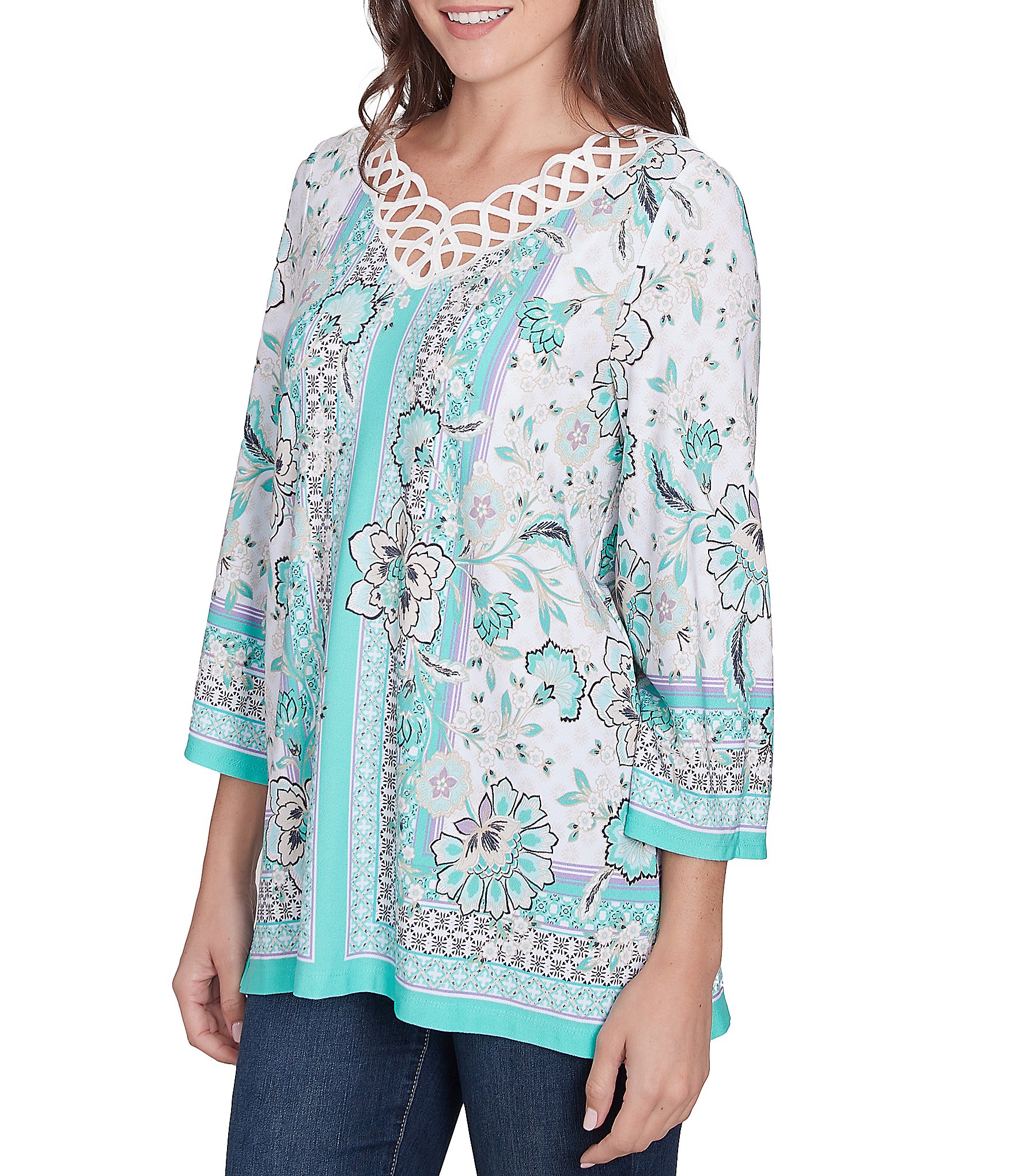 Ruby Rd. Crepe Knit Printed Lace Trim V-Neck 3/4 Sleeve Top