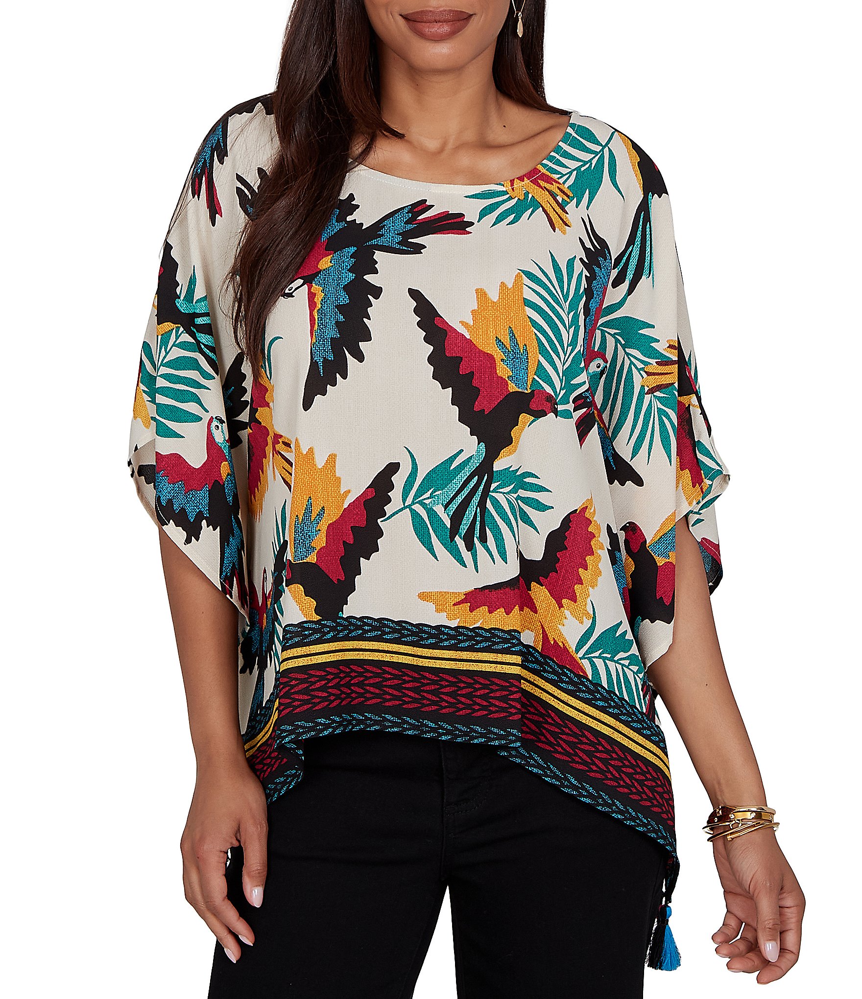 Ruby Rd. Crepe Paradise Bird Scoop Neck Short Sleeve Tassel Hem Top
