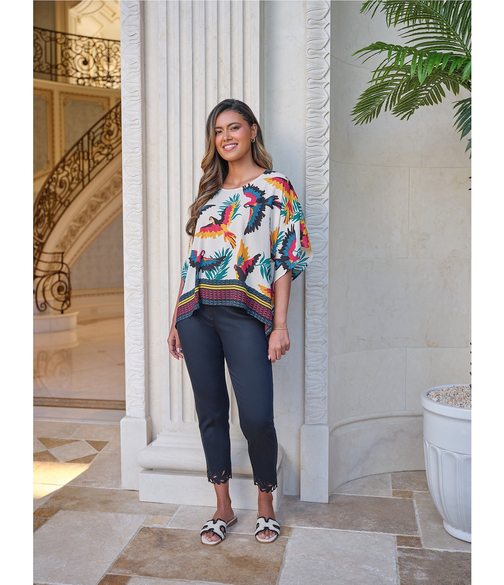 Ruby Rd. Crepe Paradise Bird Scoop Neck Short Sleeve Tassel Hem Top