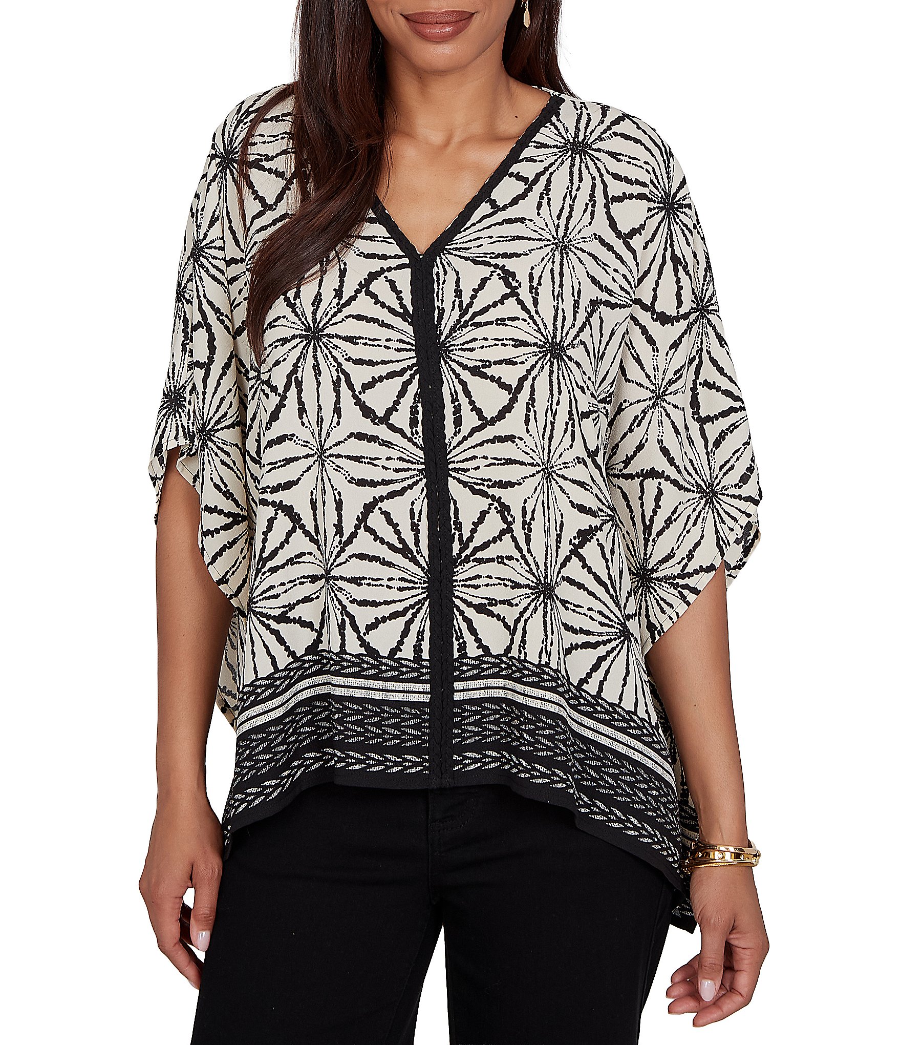 Ruby Rd. Crepe Shibori Geometric V-Neck Short Sleeve Contrast Trim Top
