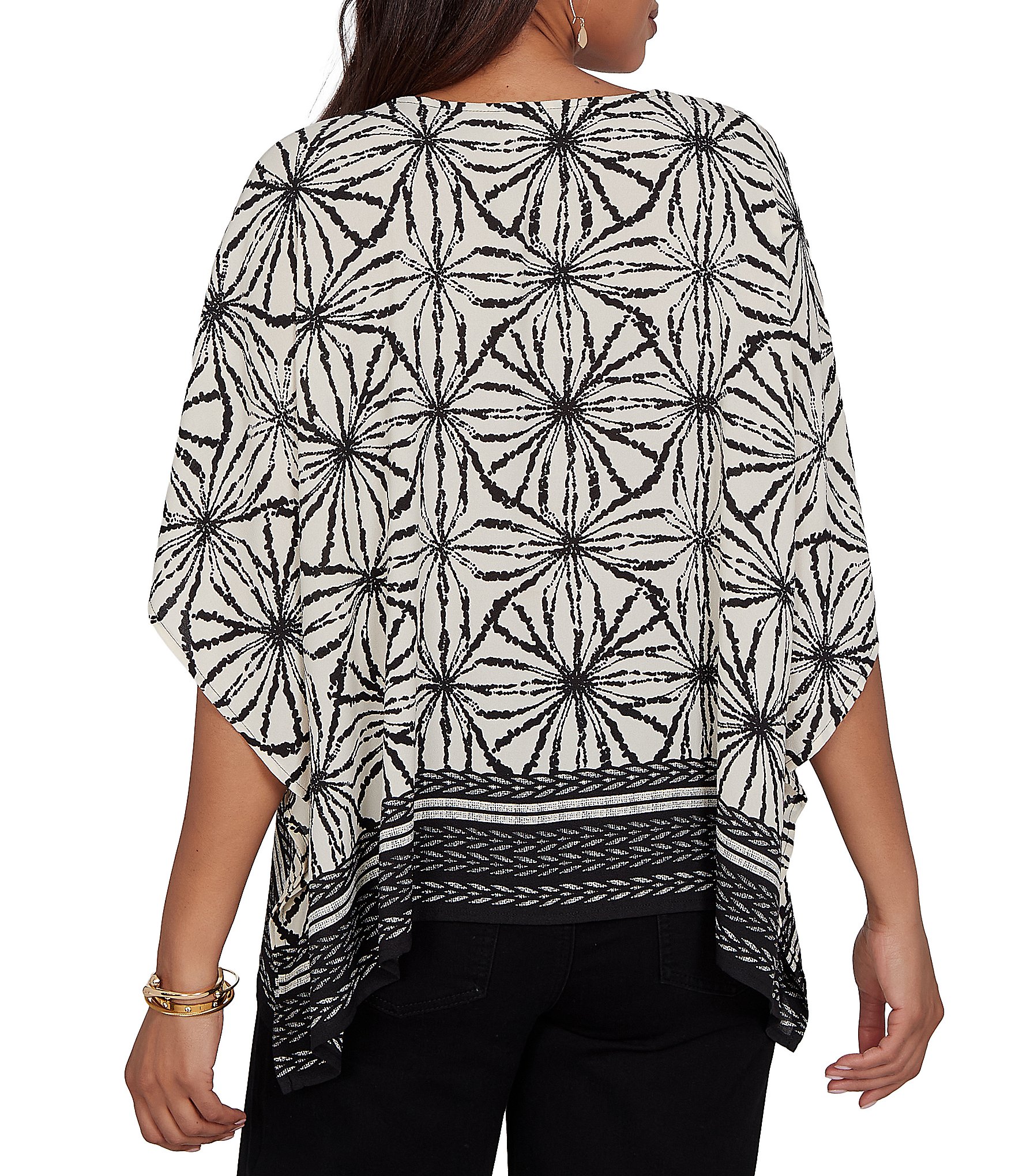 Ruby Rd. Crepe Shibori Geometric V-Neck Short Sleeve Contrast Trim Top