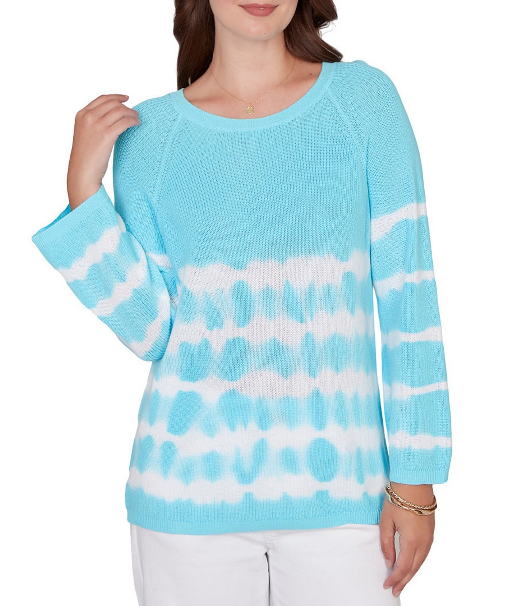 Ruby Rd. Tie-Dye Crew Neck Bracelet Sleeve Cotton Rib Sweater Knit Top