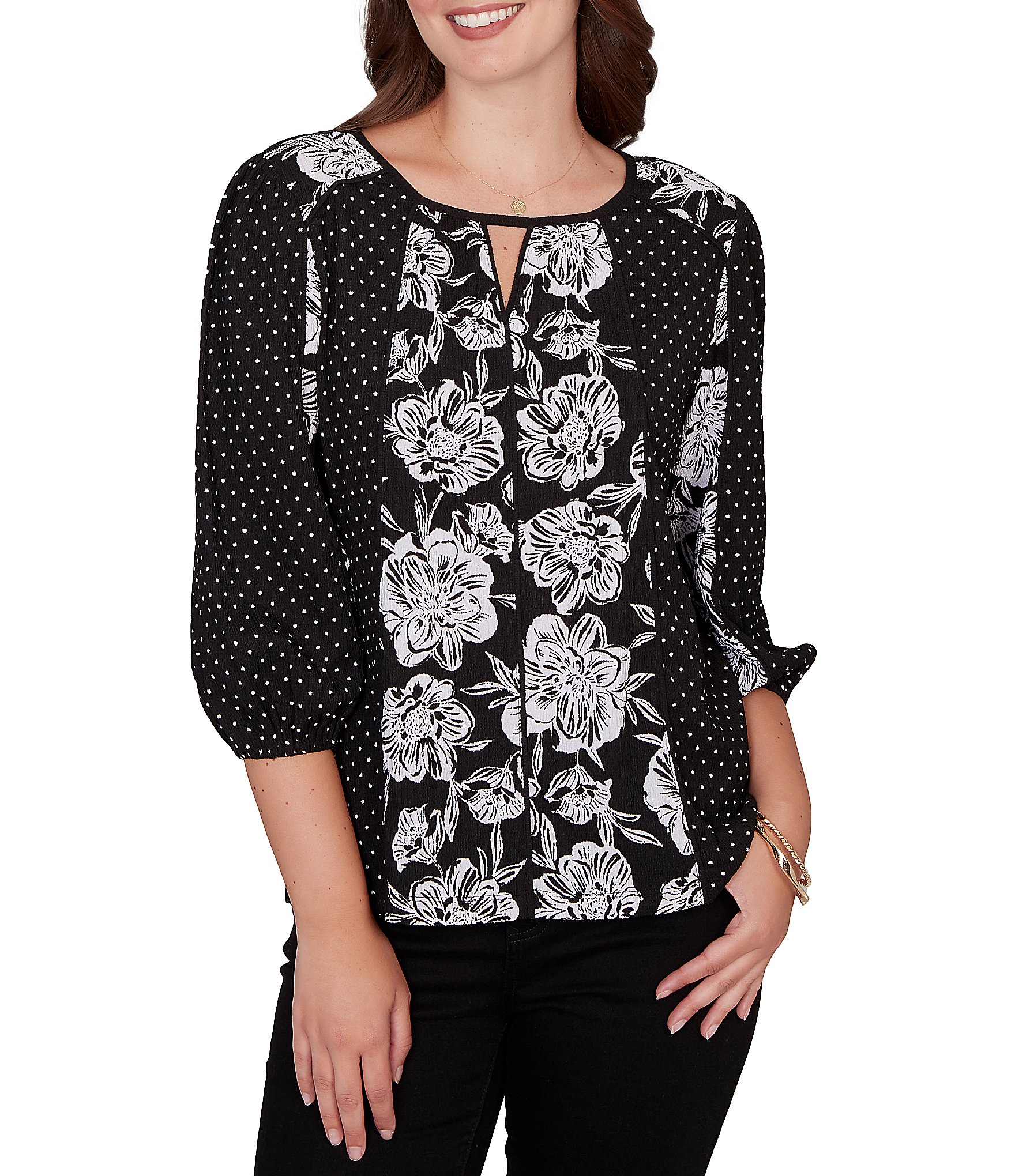 Ruby Rd. Crinkle Knit Placed Floral Dots Keyhole Neck 3/4 Sleeve Peasant Top