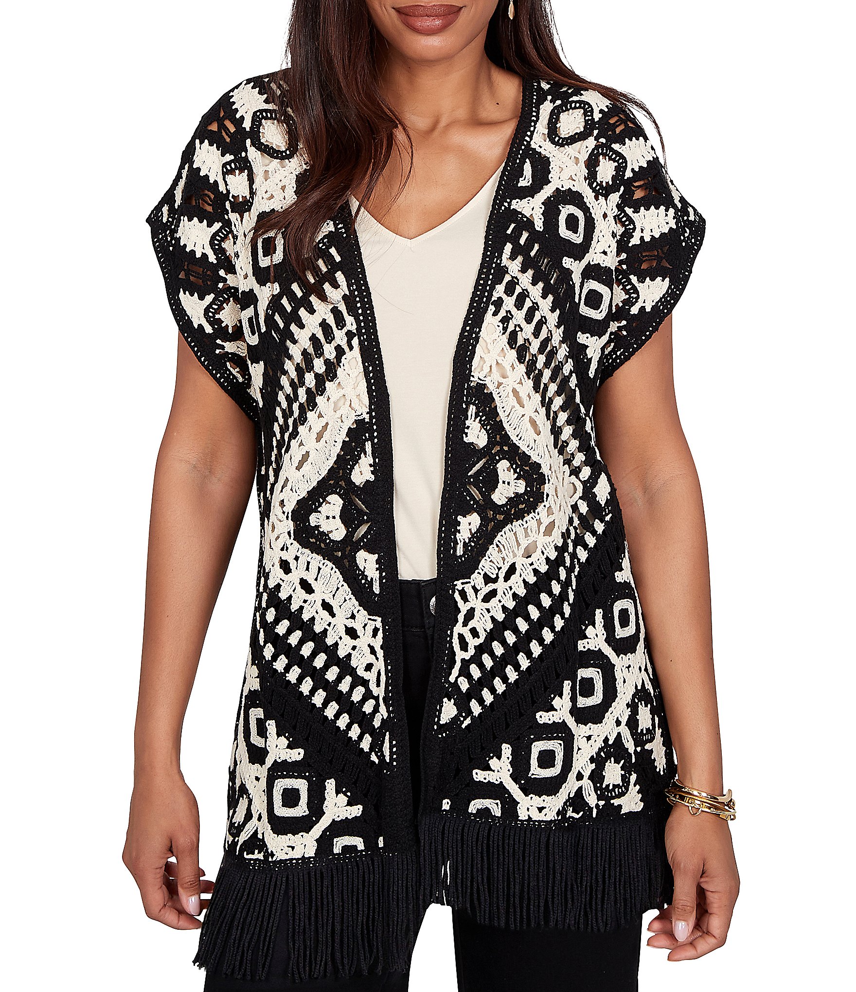 Ruby Rd. Crochet Intricate Medallion Open Front Sleeveless Fringe Trim Cardigan