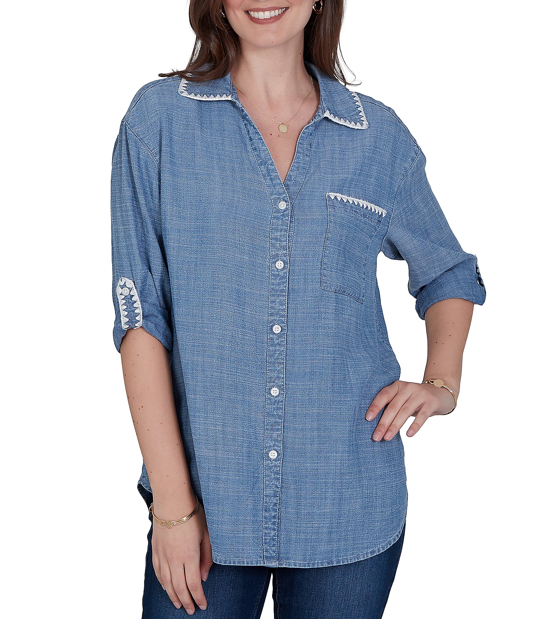 Ruby Rd. Crosshatch Tencel Point Collar 3/4 Sleeve Crochet Trim Whipstitch Embroidery Button Front Shirt