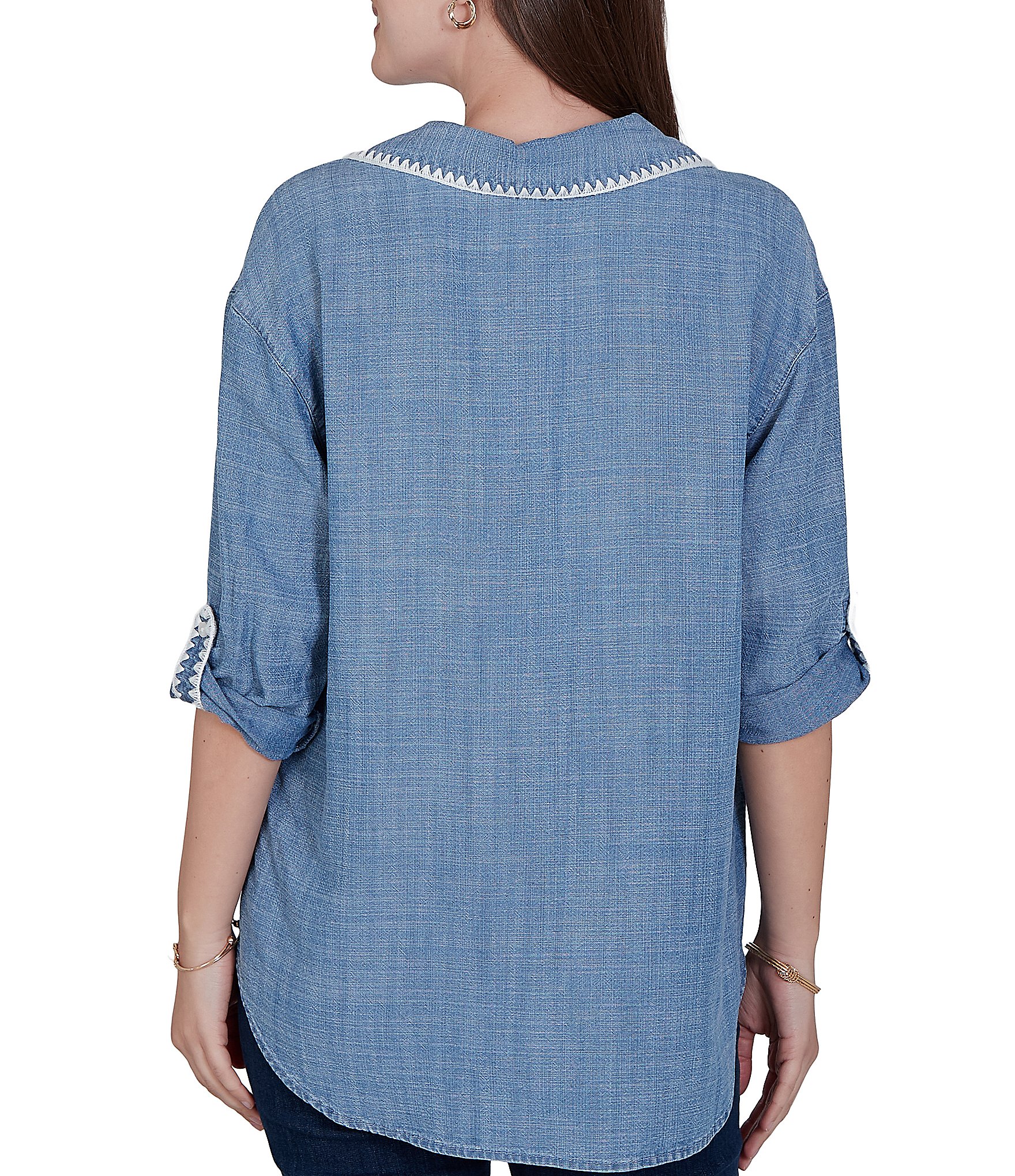 Ruby Rd. Crosshatch Tencel Point Collar 3/4 Sleeve Crochet Trim Whipstitch Embroidery Button Front Shirt