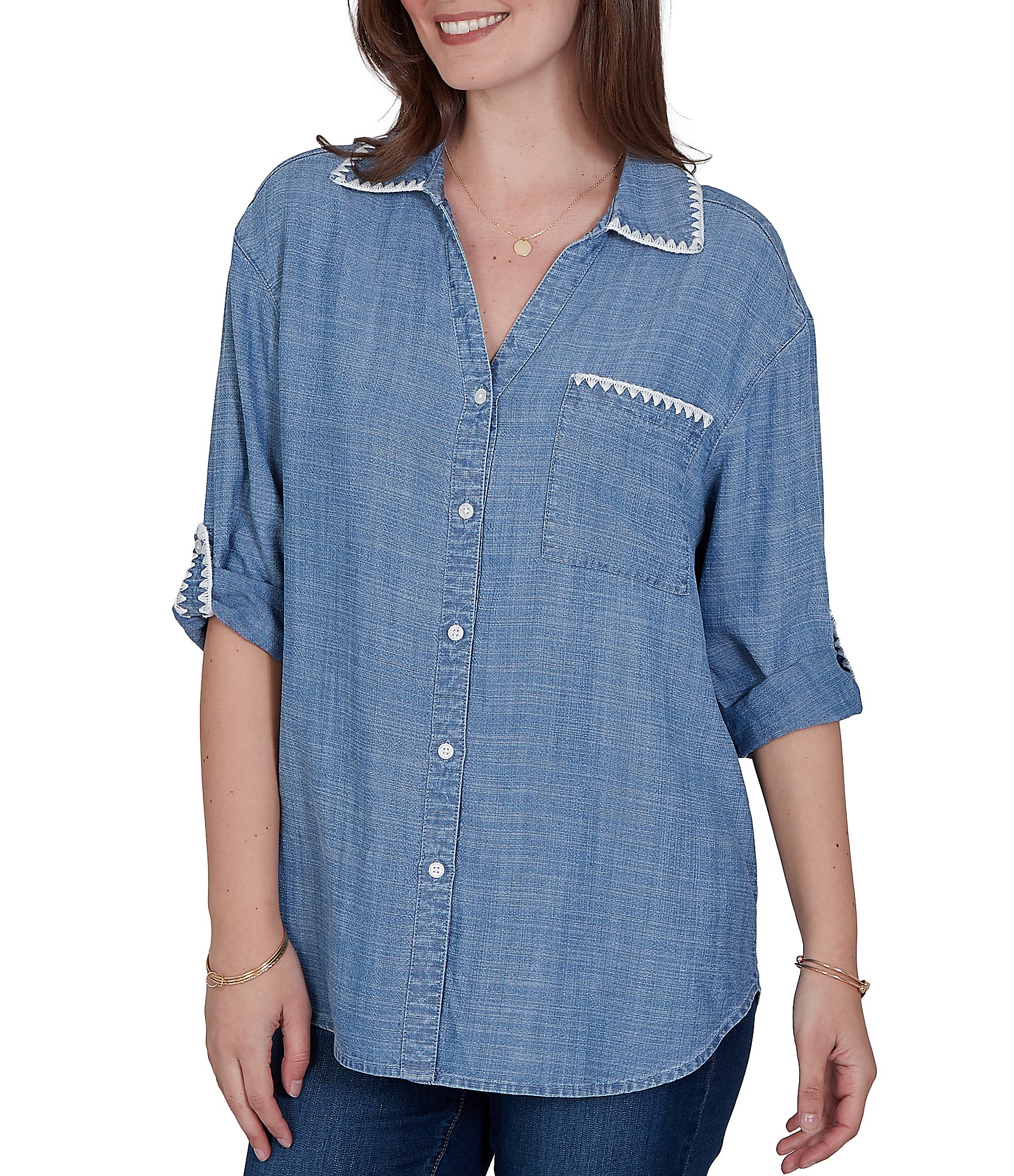 Ruby Rd. Crosshatch Tencel Point Collar 3/4 Sleeve Crochet Trim Whipstitch Embroidery Button Front Shirt