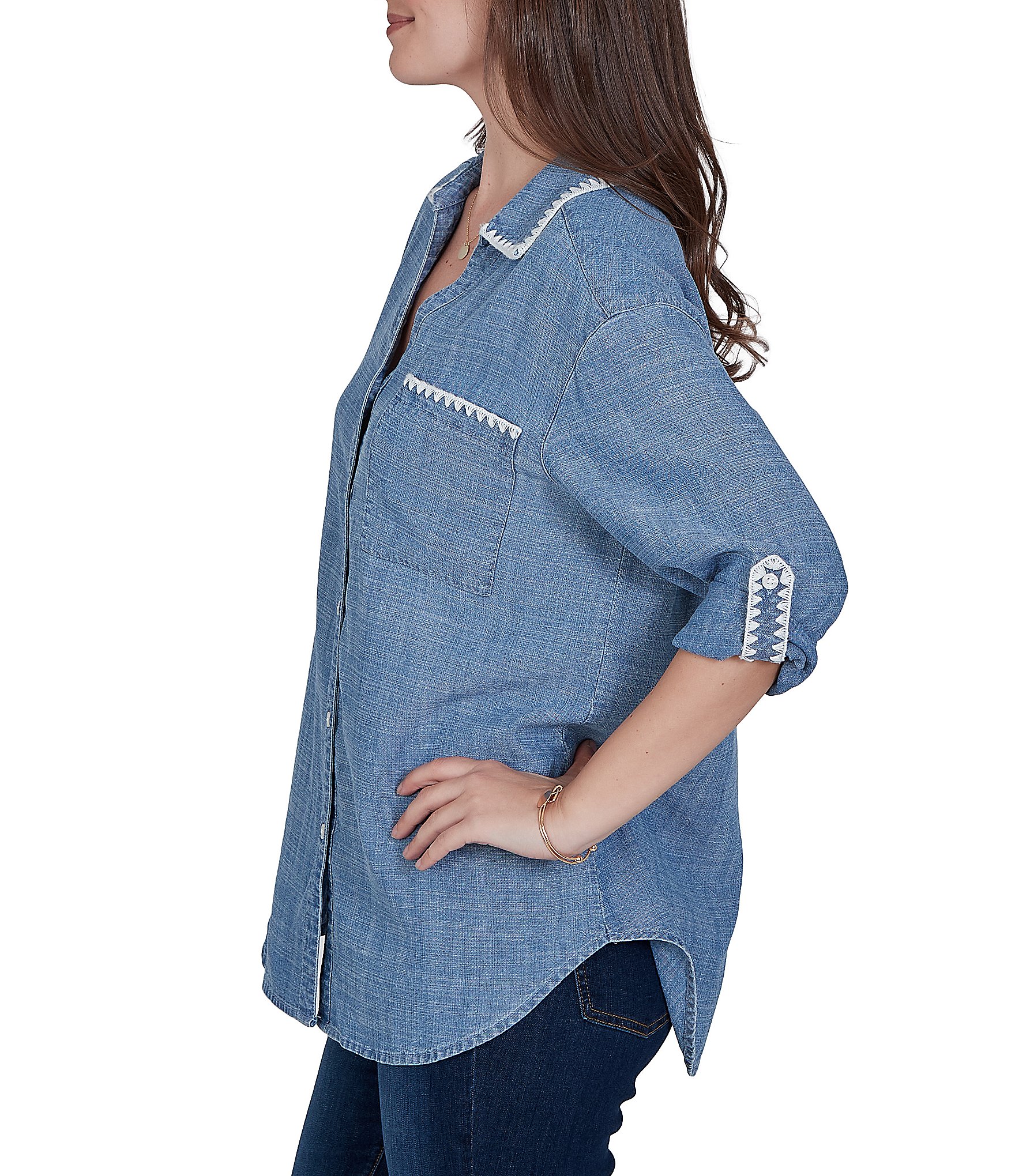 Ruby Rd. Crosshatch Tencel Point Collar 3/4 Sleeve Crochet Trim Whipstitch Embroidery Button Front Shirt