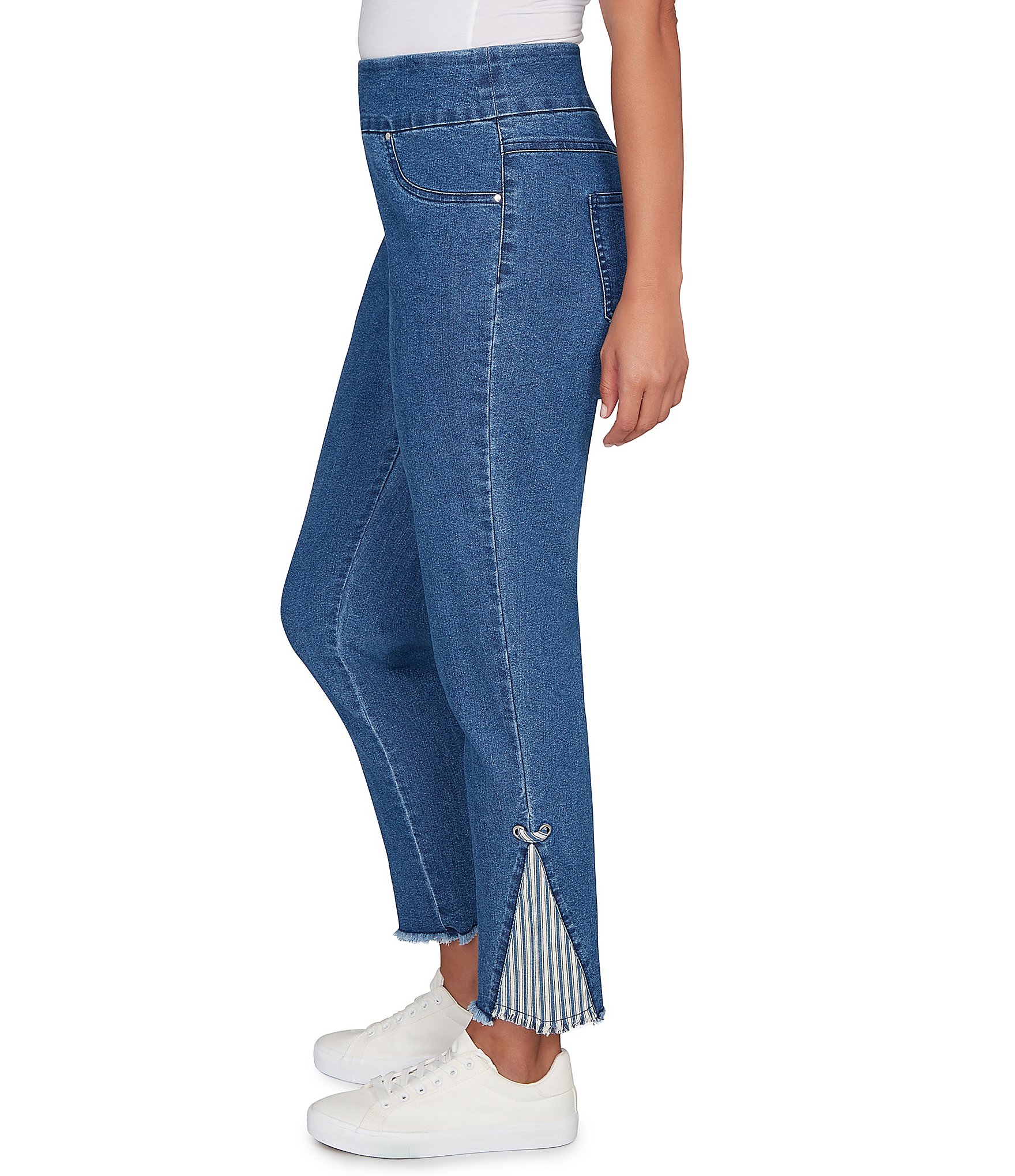 Ruby Rd. Denim Slim Leg Pull-On Striped Fabric Insert Ankle Jeans