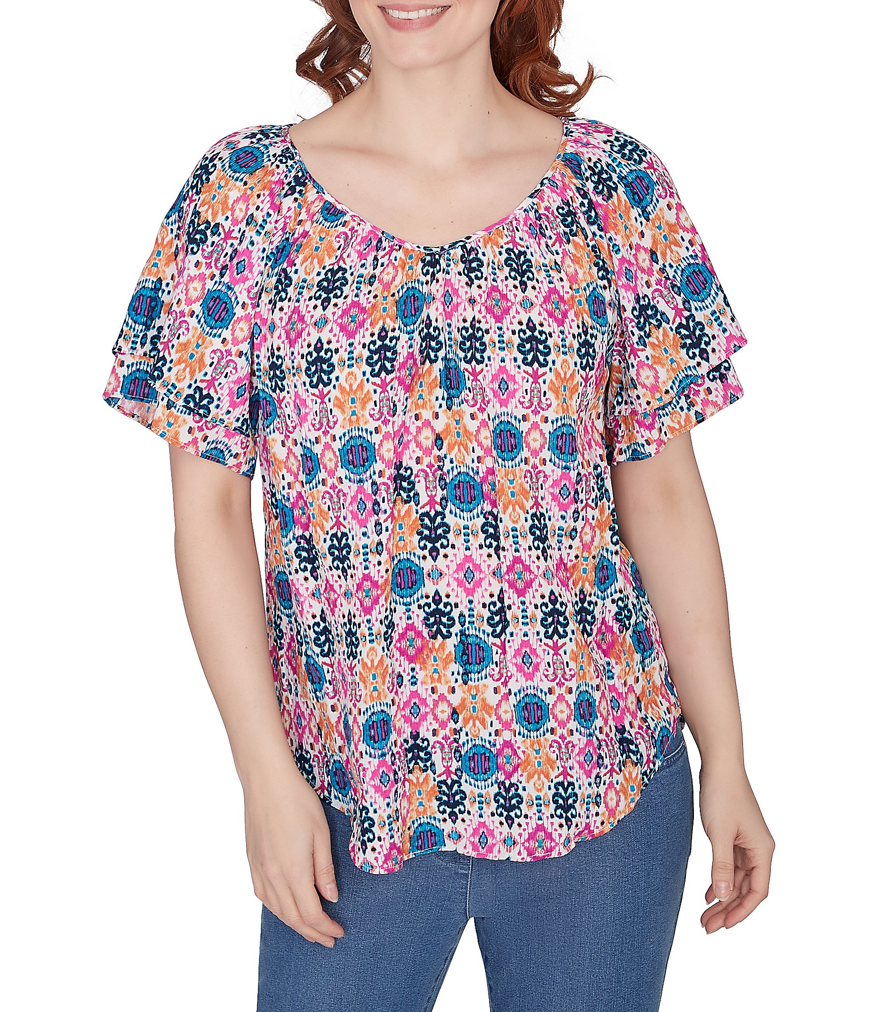 Ruby Rd. Diamond Ikat Print Gauze V-Neck Double Flounce Short Sleeve ...