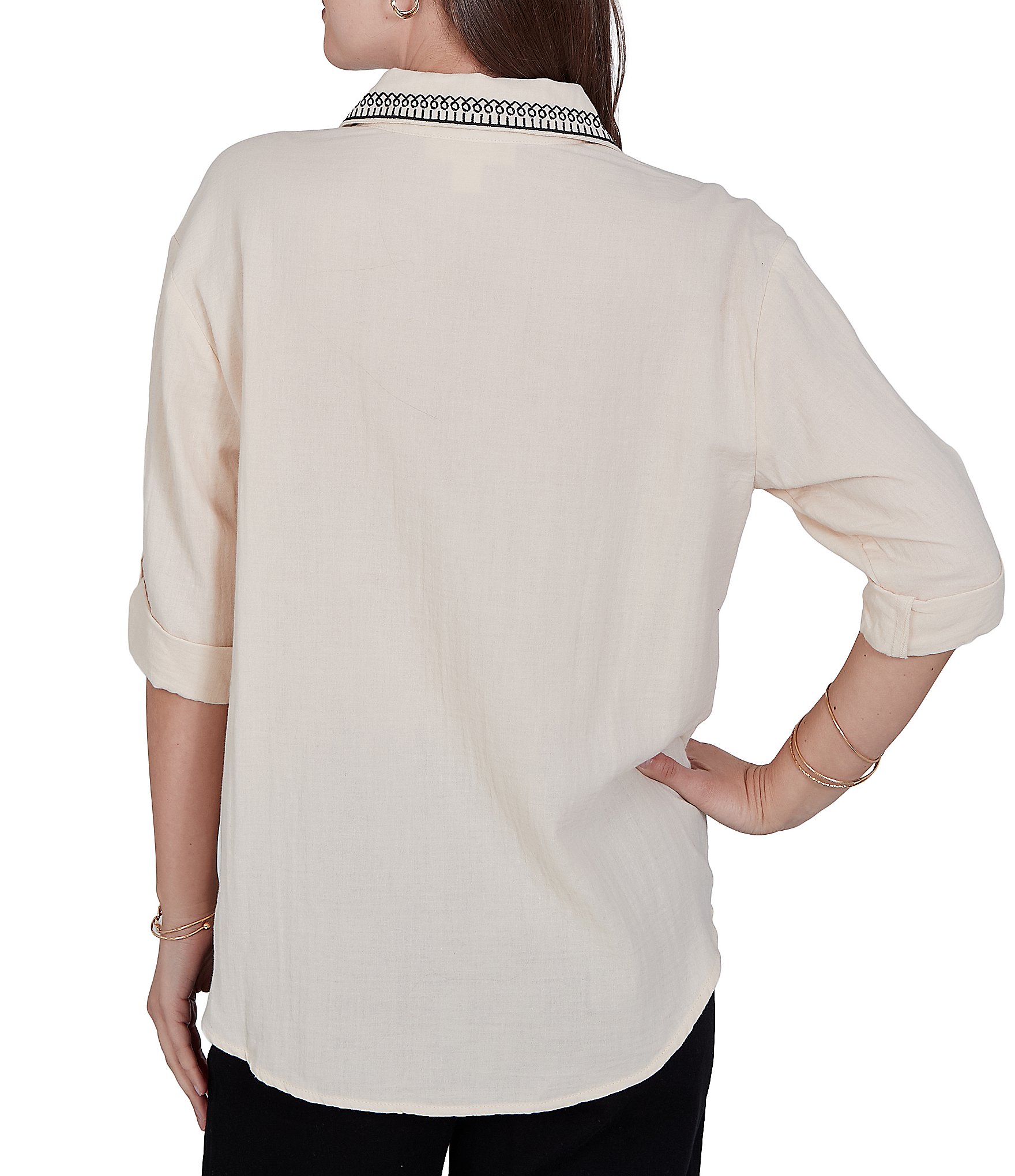 Ruby Rd. Double Cotton Gauze Embroidered Point Collar 3/4 Roll-Tab Sleeve Button-Front Shirt