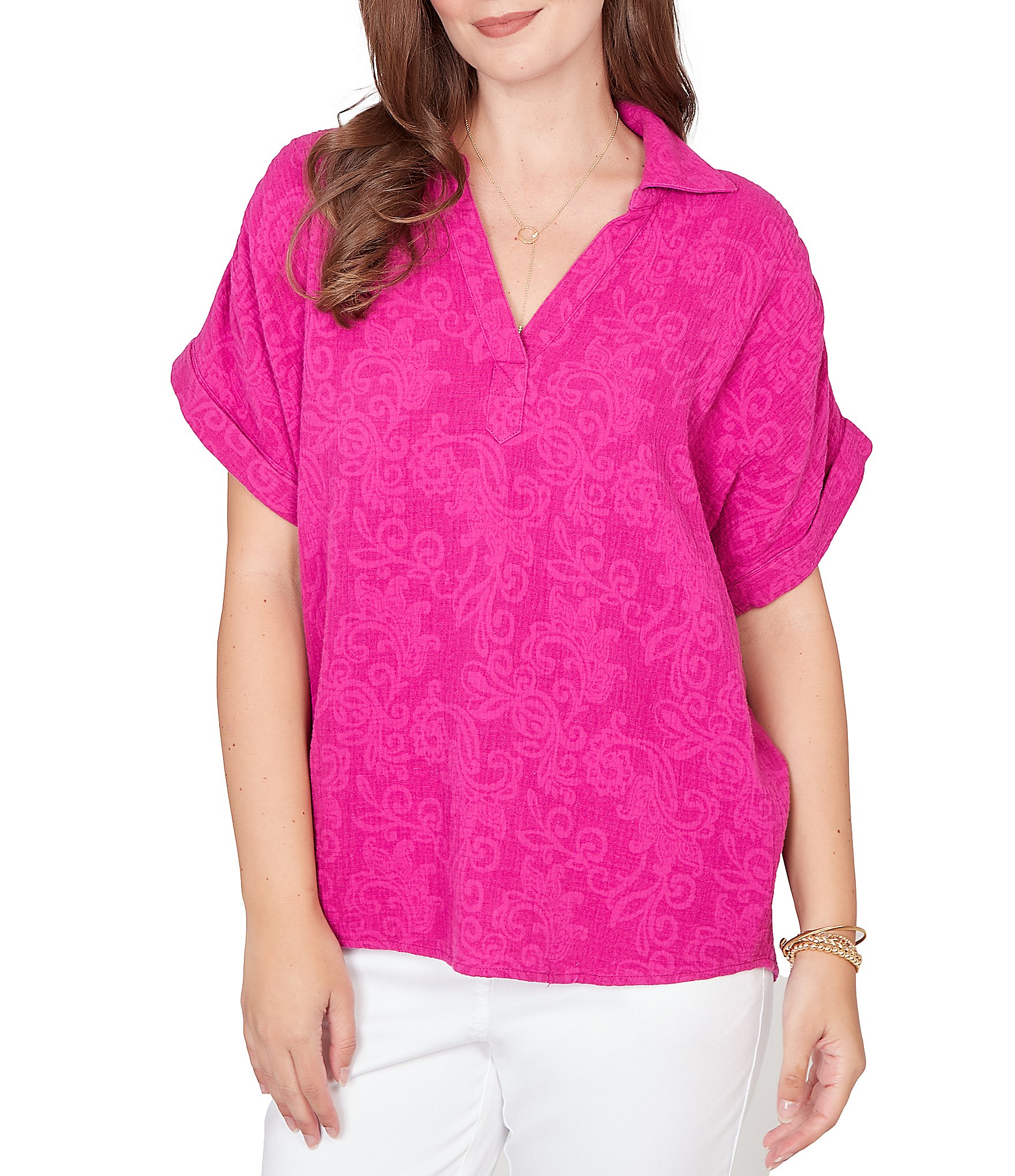 Ruby Rd. Embossed Gauze Woven Paisley Spread Collar Short Rolled Sleeves Top