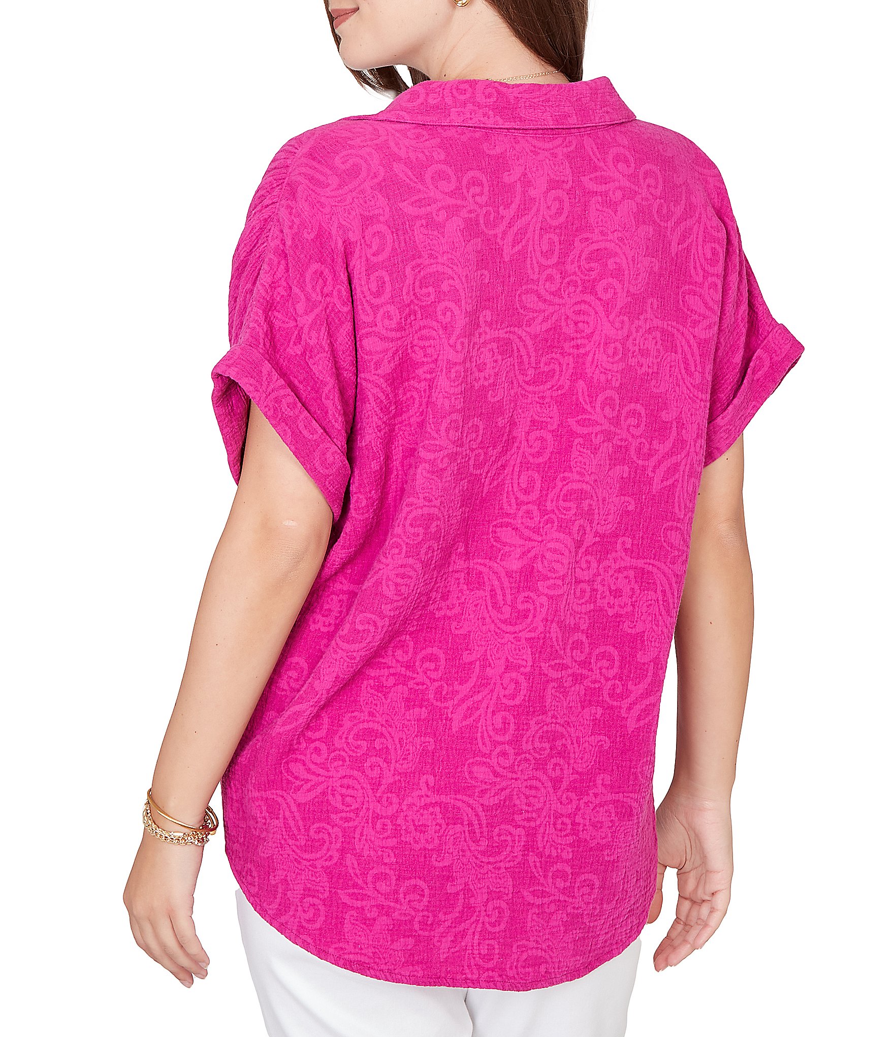 Ruby Rd. Embossed Gauze Woven Paisley Spread Collar Short Rolled Sleeves Top