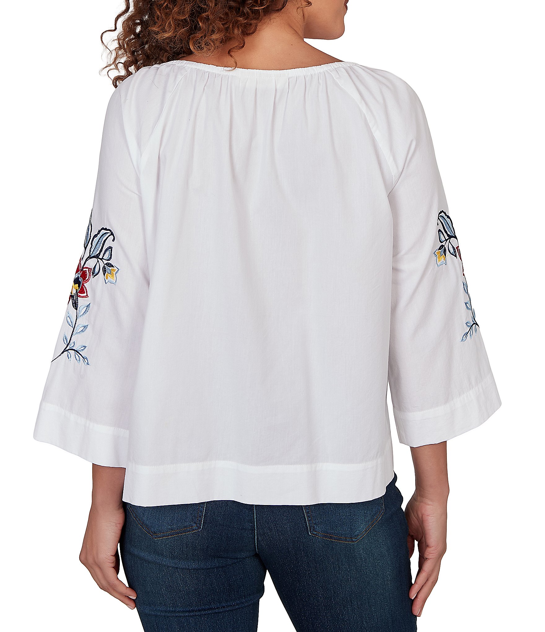 Ruby Rd. Embroidered Floral Scoop Neck 3/4 Sleeve Button-Front Blouse