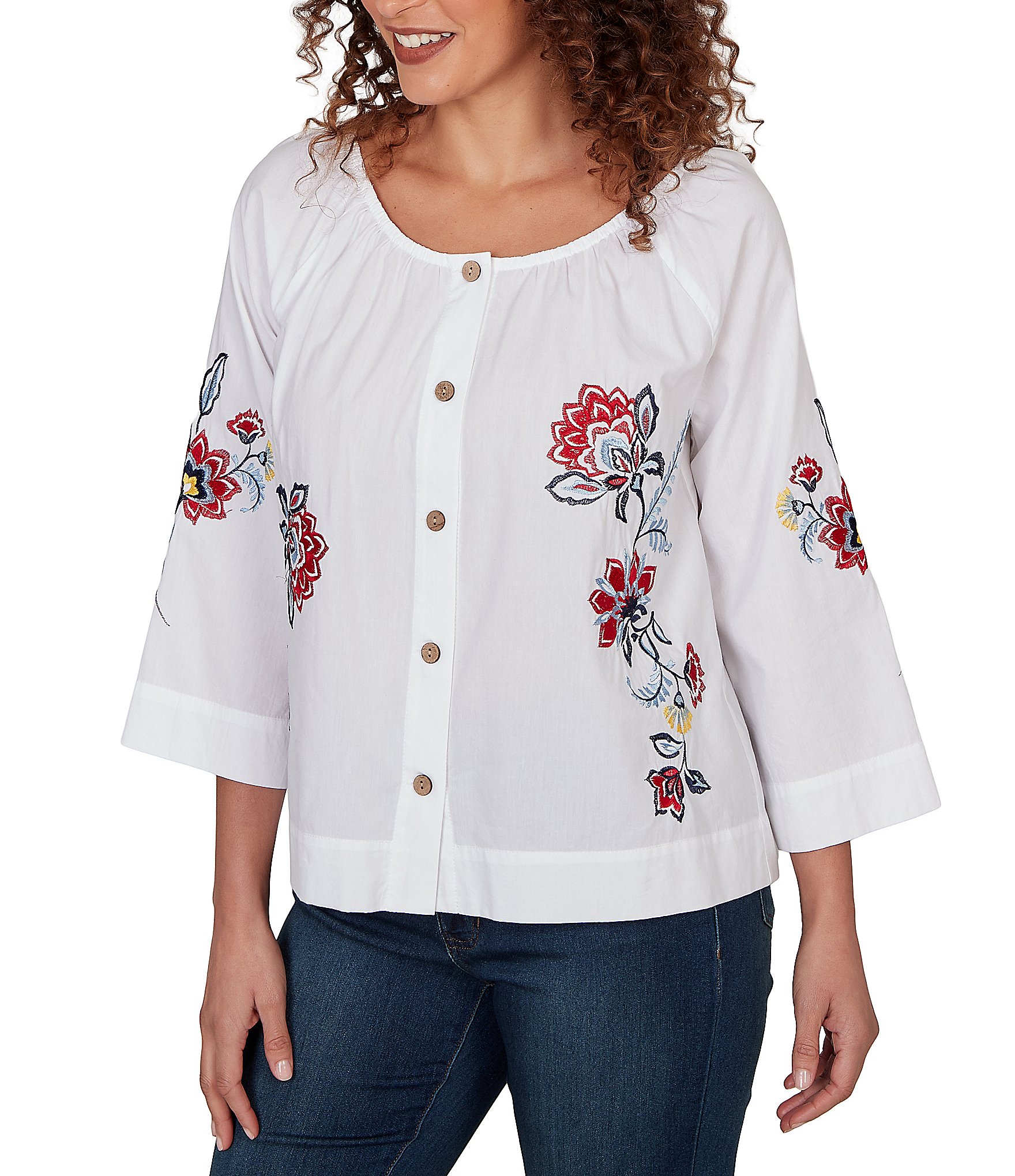 Ruby Rd. Embroidered Floral Scoop Neck 3/4 Sleeve Button-Front Blouse