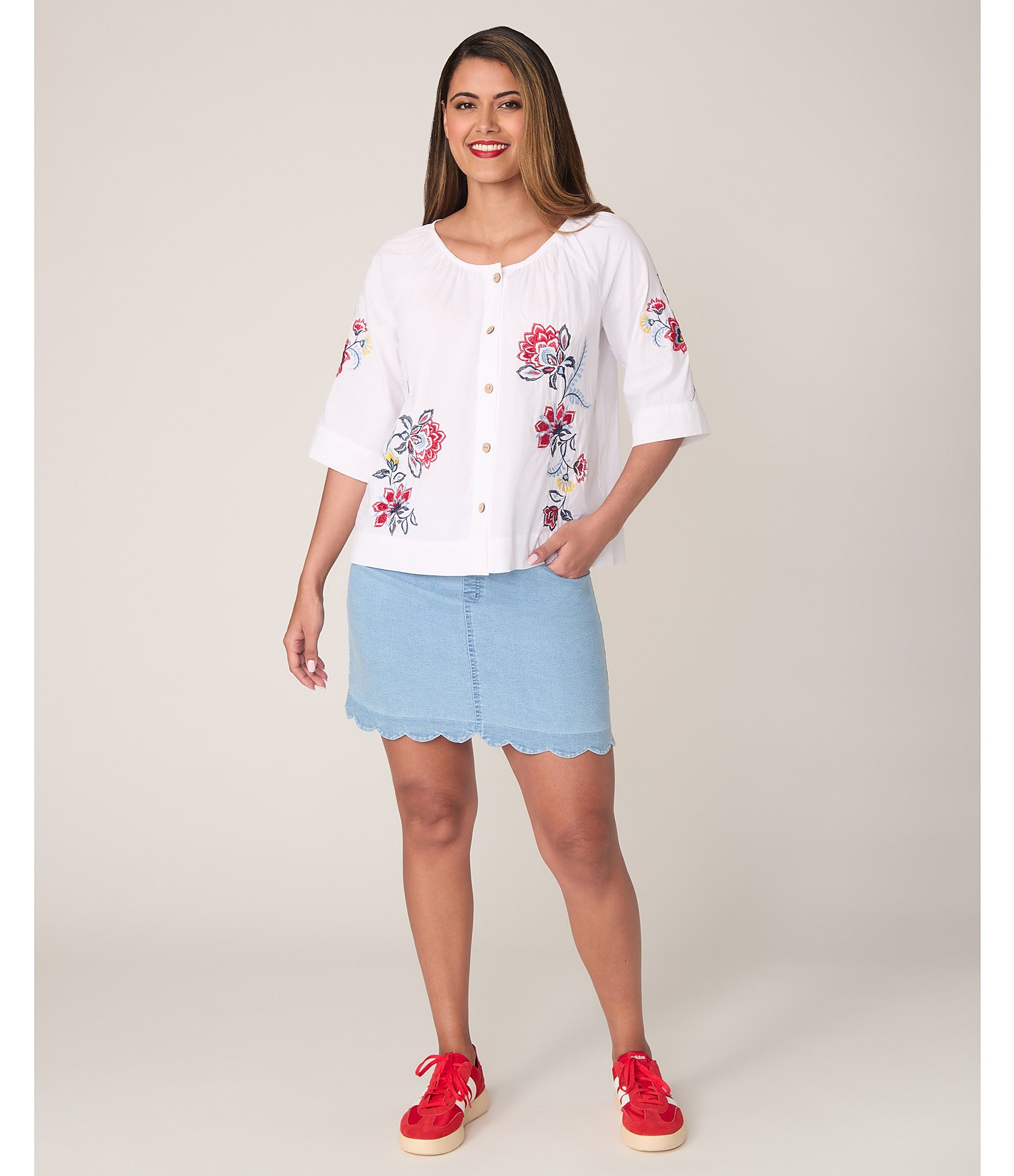 Ruby Rd. Embroidered Floral Scoop Neck 3/4 Sleeve Button-Front Blouse