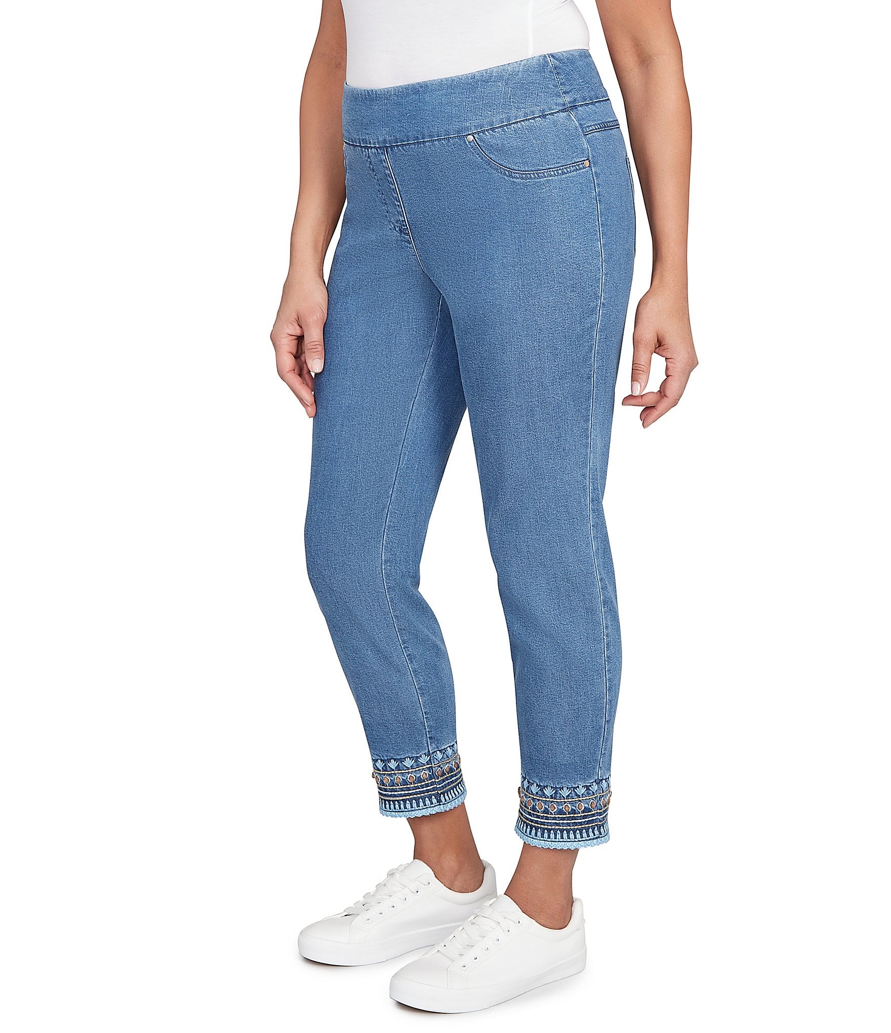 Ruby Rd. Embroidered Hem Pull-On Ankle Jeans