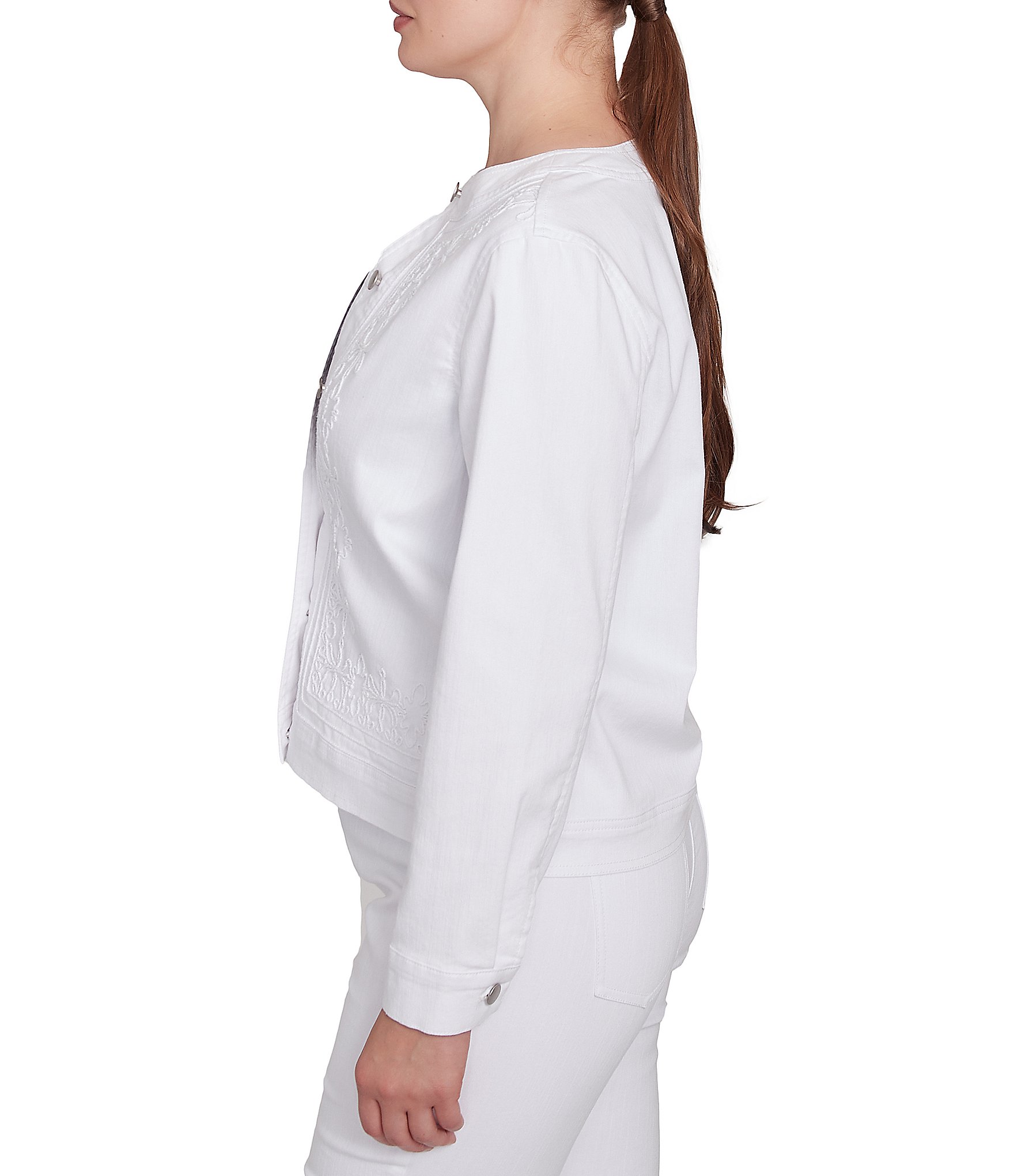 Ruby Rd. Embroidered Round Neck Long Sleeve Button-Front Denim Jacket