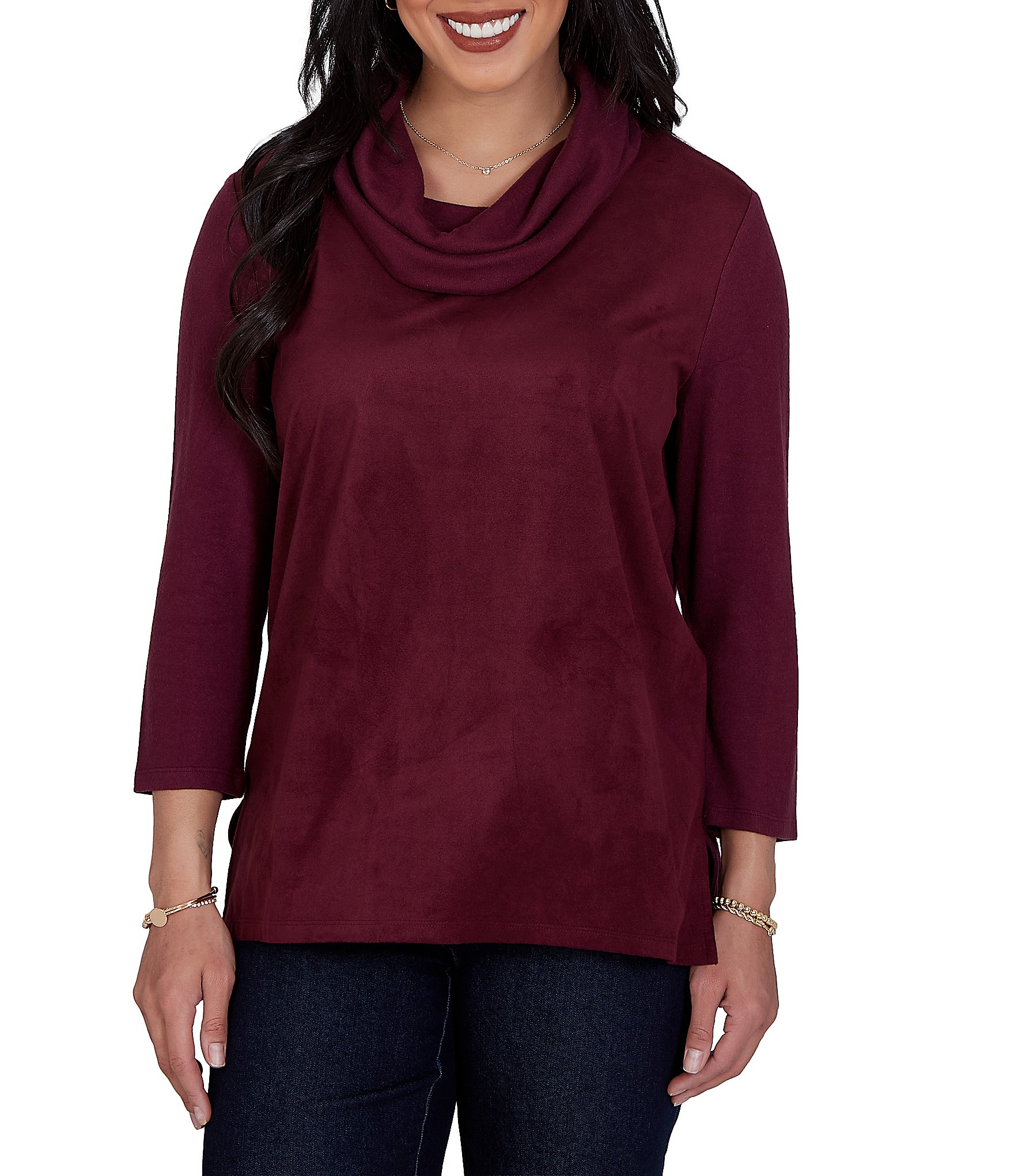 Ruby Rd. Faux Suede Hatchi Knit Cowl Neck 3/4 Sleeve Top