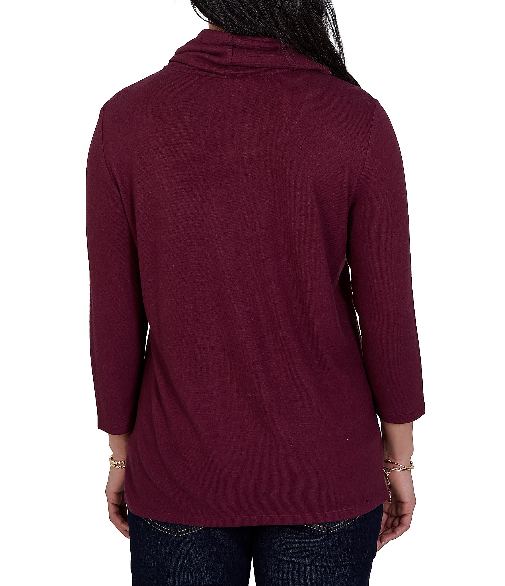 Ruby Rd. Faux Suede Hatchi Knit Cowl Neck 3/4 Sleeve Top
