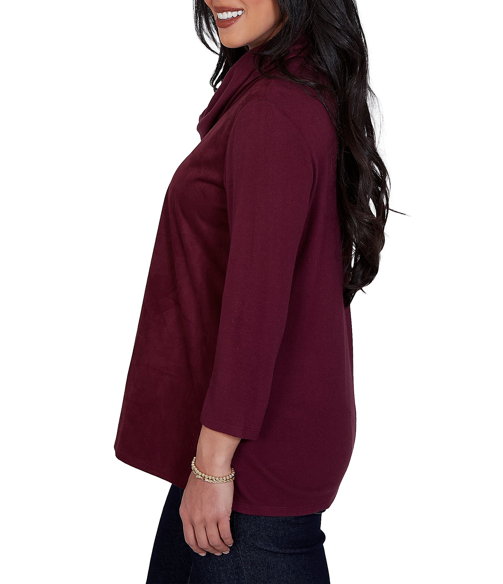 Ruby Rd. Faux Suede Hatchi Knit Cowl Neck 3/4 Sleeve Top