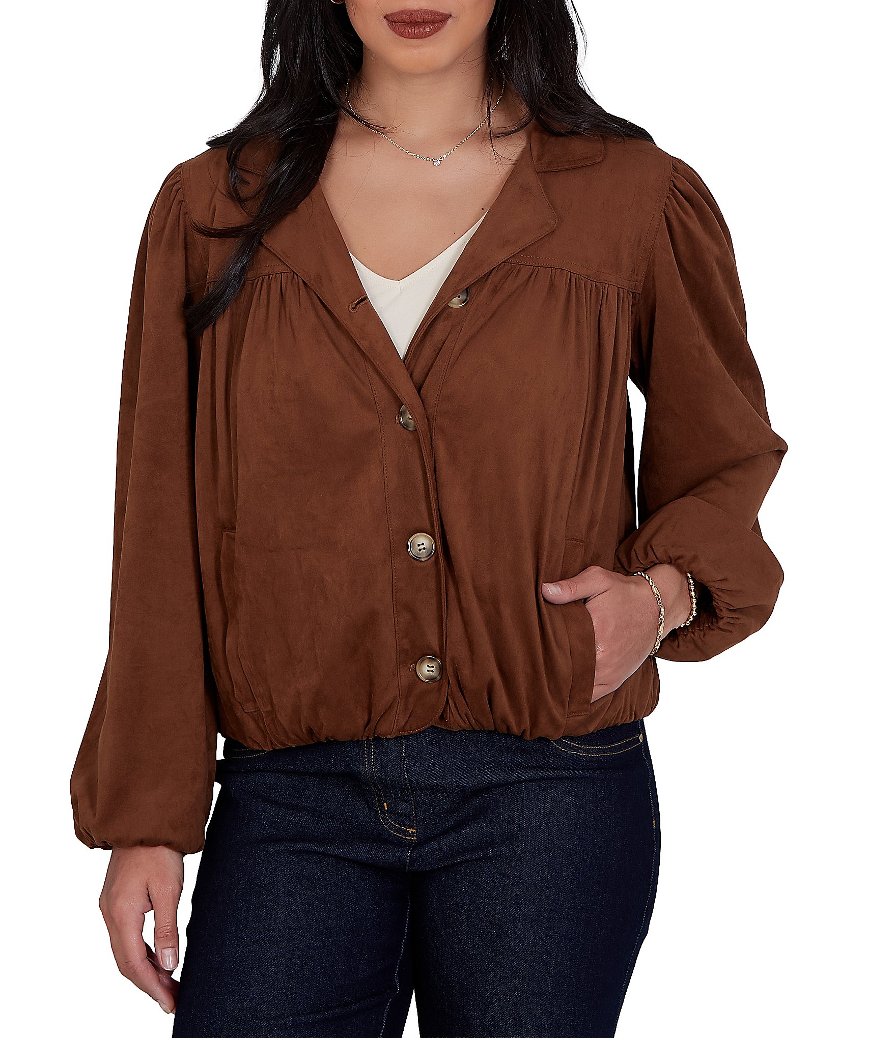 Ruby Rd. Faux Suede Notch Collar Long Sleeve Bubble Hem Button Front Jacket