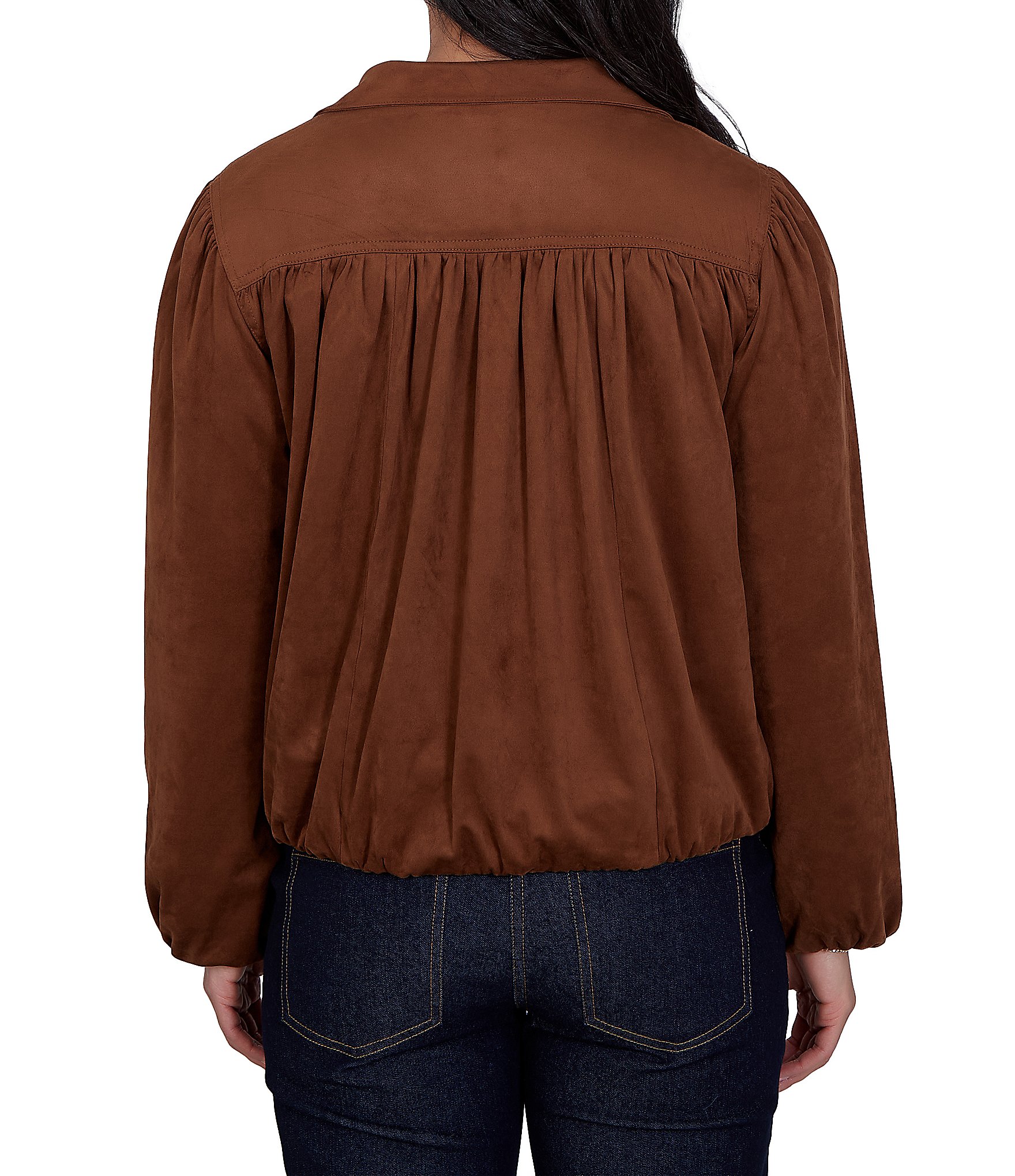 Ruby Rd. Faux Suede Notch Collar Long Sleeve Bubble Hem Button Front Jacket