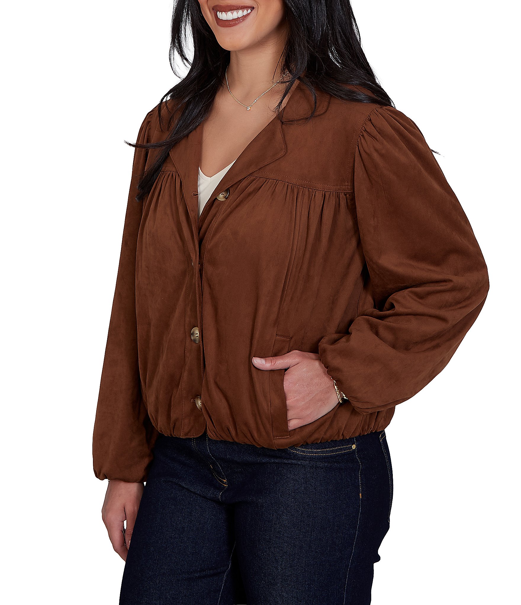 Ruby Rd. Faux Suede Notch Collar Long Sleeve Bubble Hem Button Front Jacket