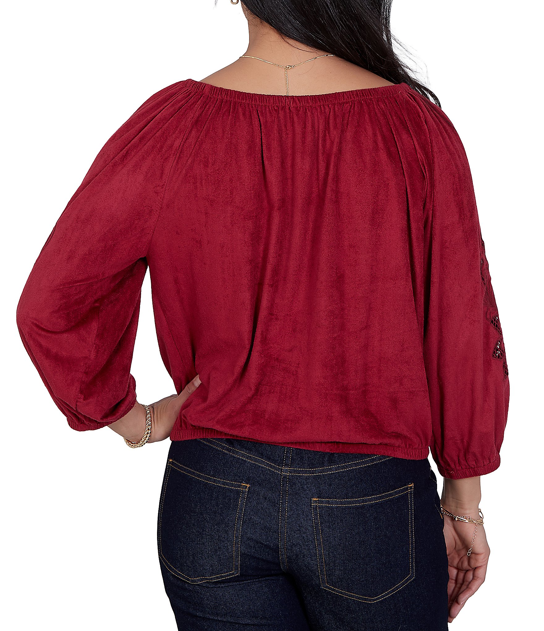 Ruby Rd. Faux Suede Scoop Neck 3/4 Blouson Floral Cutout Sleeve Top