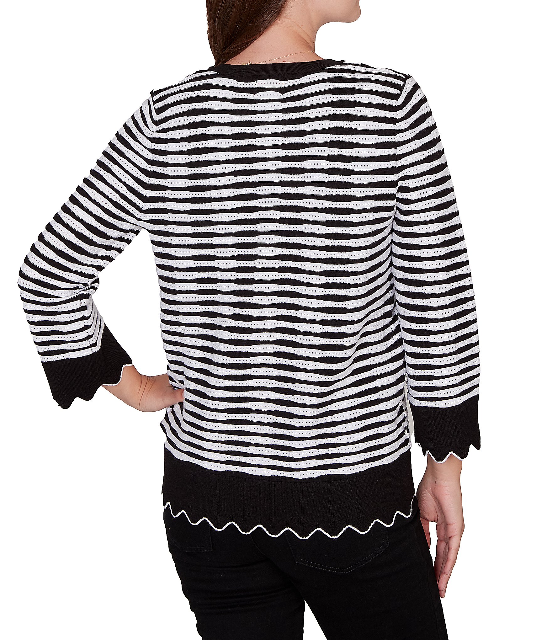 Ruby Rd. Fine Gauge Stripe Scalloped Long Sleeve Button-Front Sweater