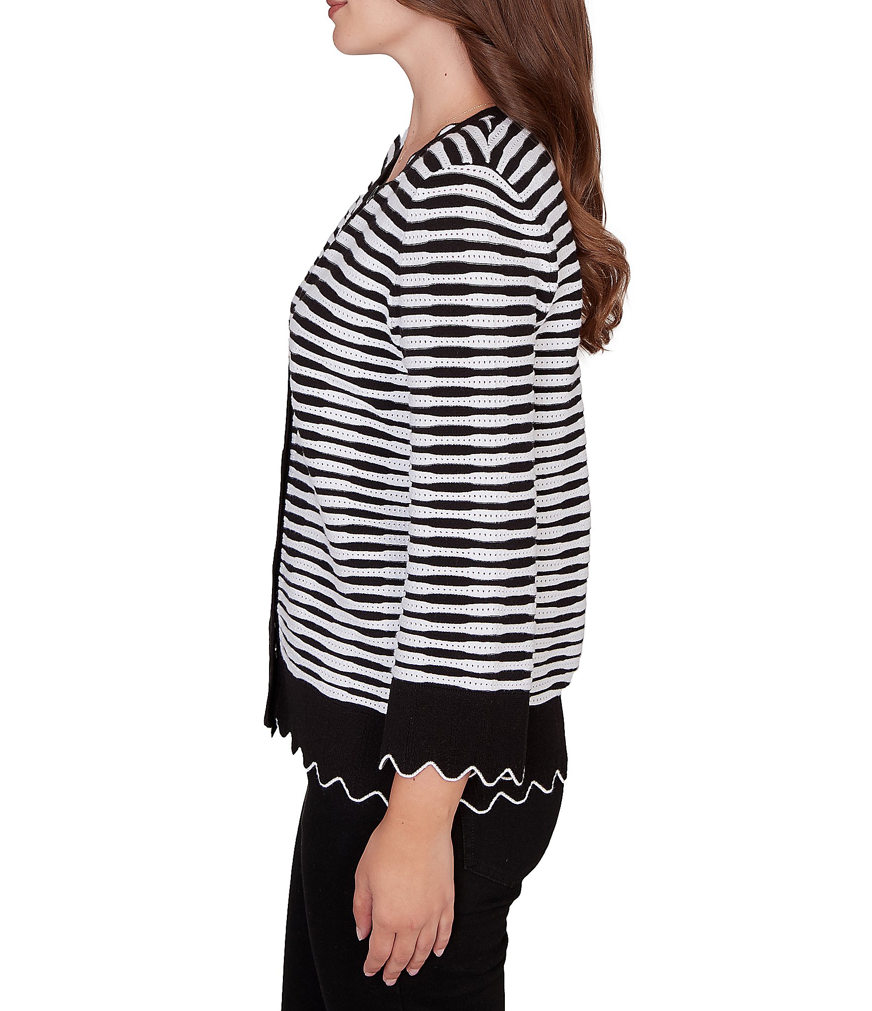 Ruby Rd. Fine Gauge Stripe Scalloped Long Sleeve Button-Front Sweater