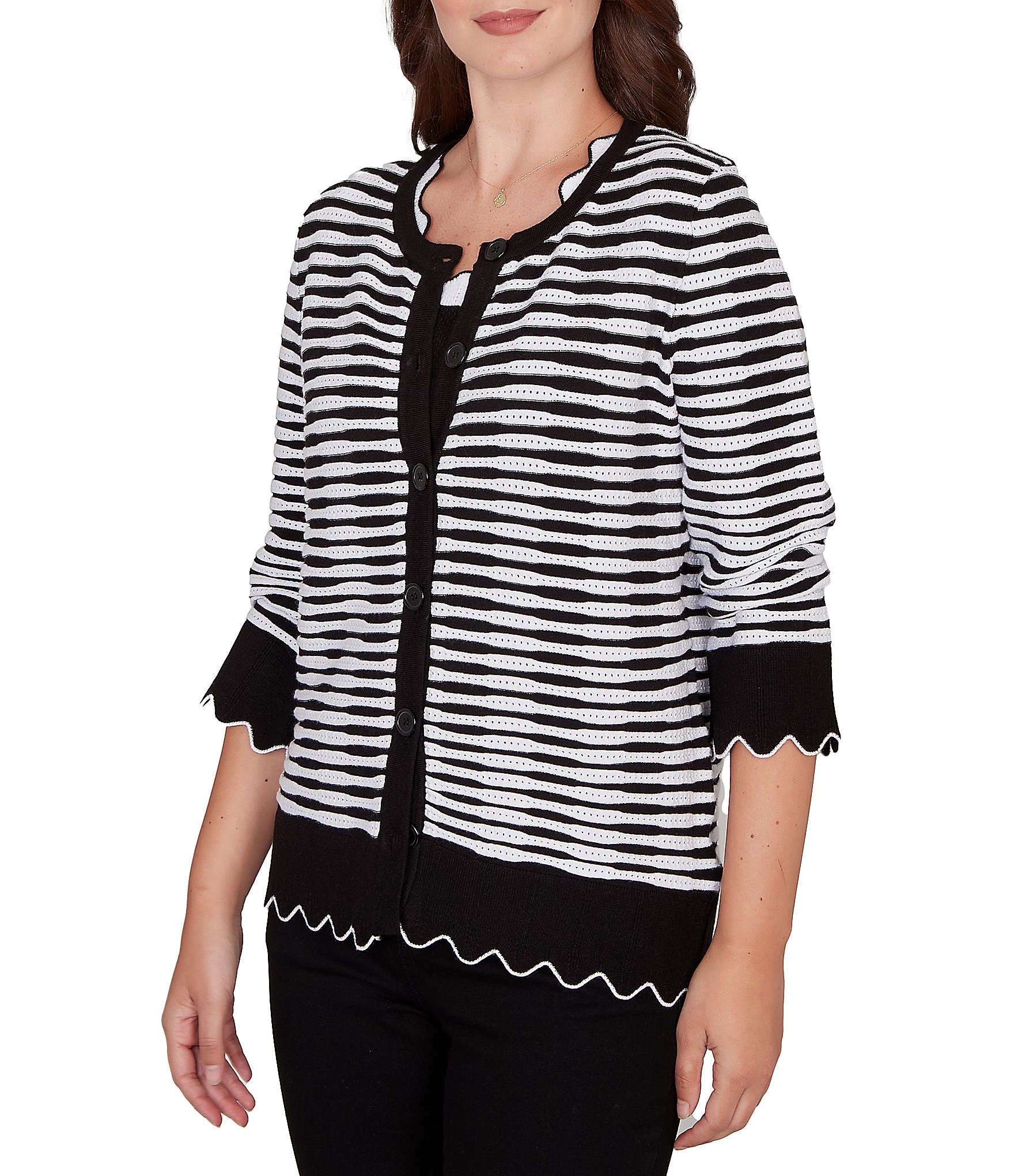 Ruby Rd. Fine Gauge Stripe Scalloped Long Sleeve Button-Front Sweater