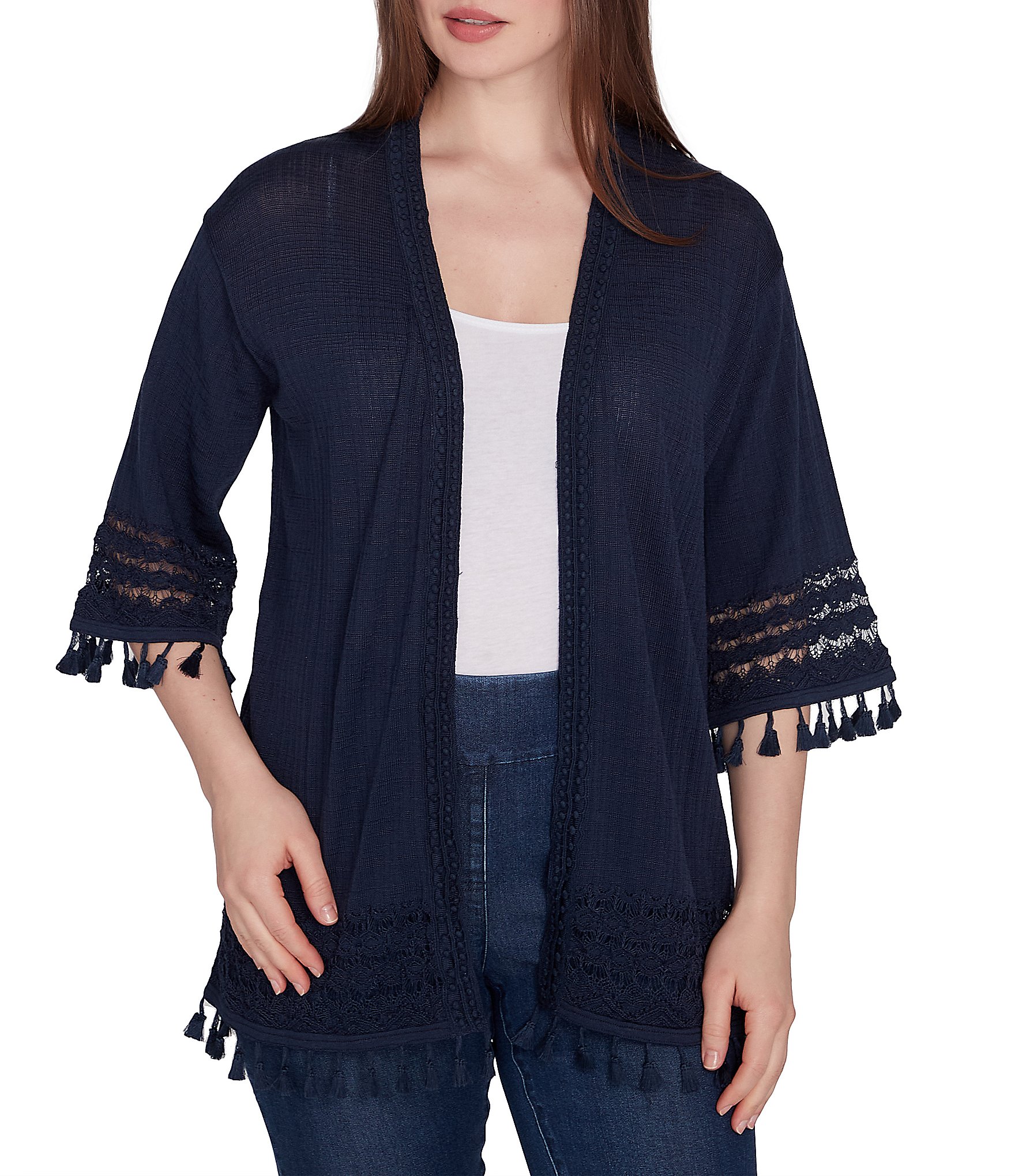 Ruby Rd. Fine-Gauze Tassel Lace Trim 3/4 Sleeve Open-Front Cardigan ...